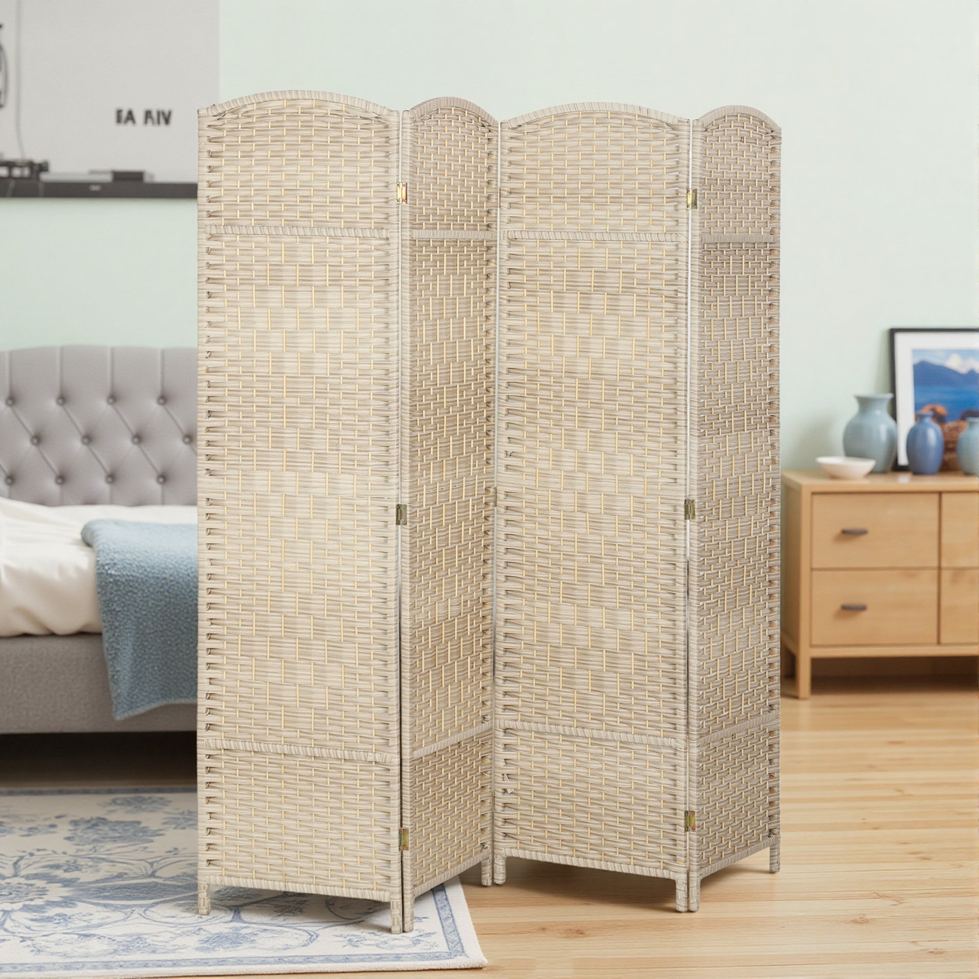 HOMCOM Folding Room Divider Screen 4 Panel 6' Tall Privacy Screen Freestanding Wood Partition for Home Office, Washed Oak