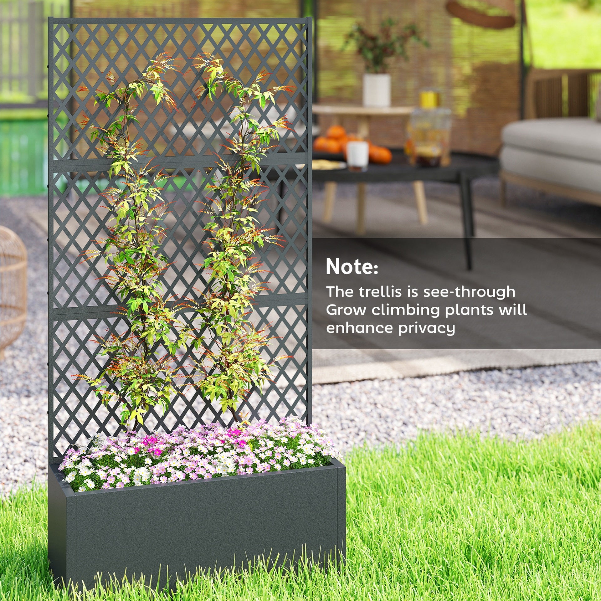 Outsunny Metal Planter Box with Trellis, Raised Garden Bed with Trellis, Diamond Lattice Privacy Planter for Climbing Plants