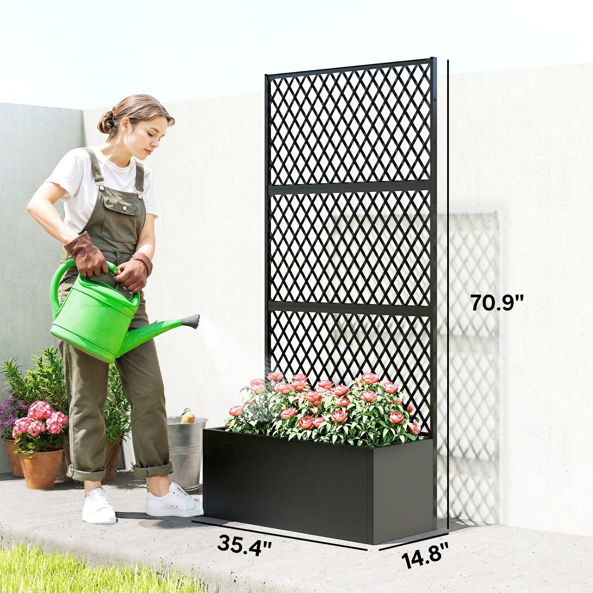 Outsunny Metal Planter Box with Trellis, Raised Garden Bed with Trellis, Diamond Lattice Privacy Planter for Climbing Plants