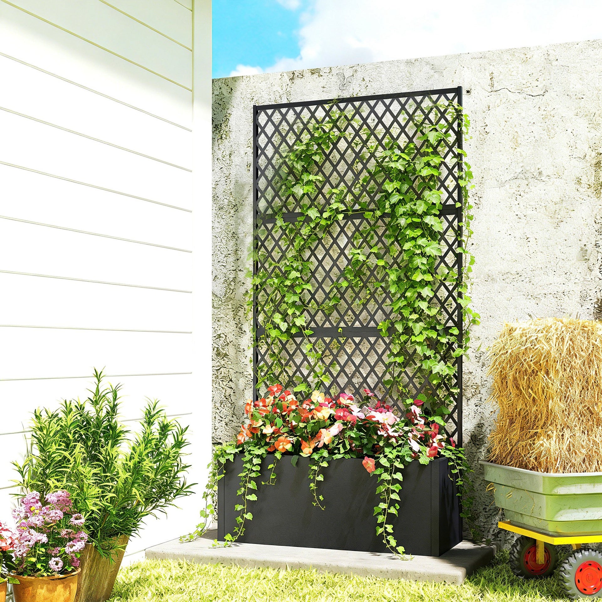 Outsunny Metal Planter Box with Trellis, Raised Garden Bed with Trellis, Diamond Lattice Privacy Planter for Climbing Plants