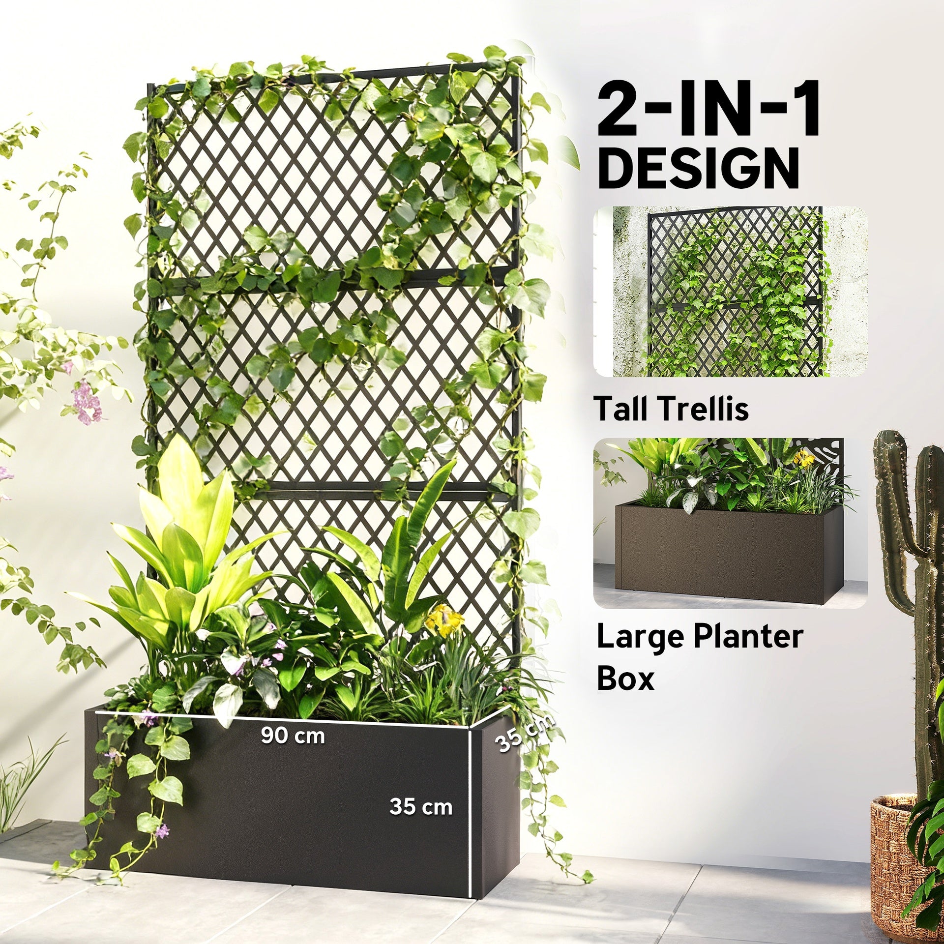 Outsunny Metal Planter Box with Trellis, Raised Garden Bed with Trellis, Diamond Lattice Privacy Planter for Climbing Plants