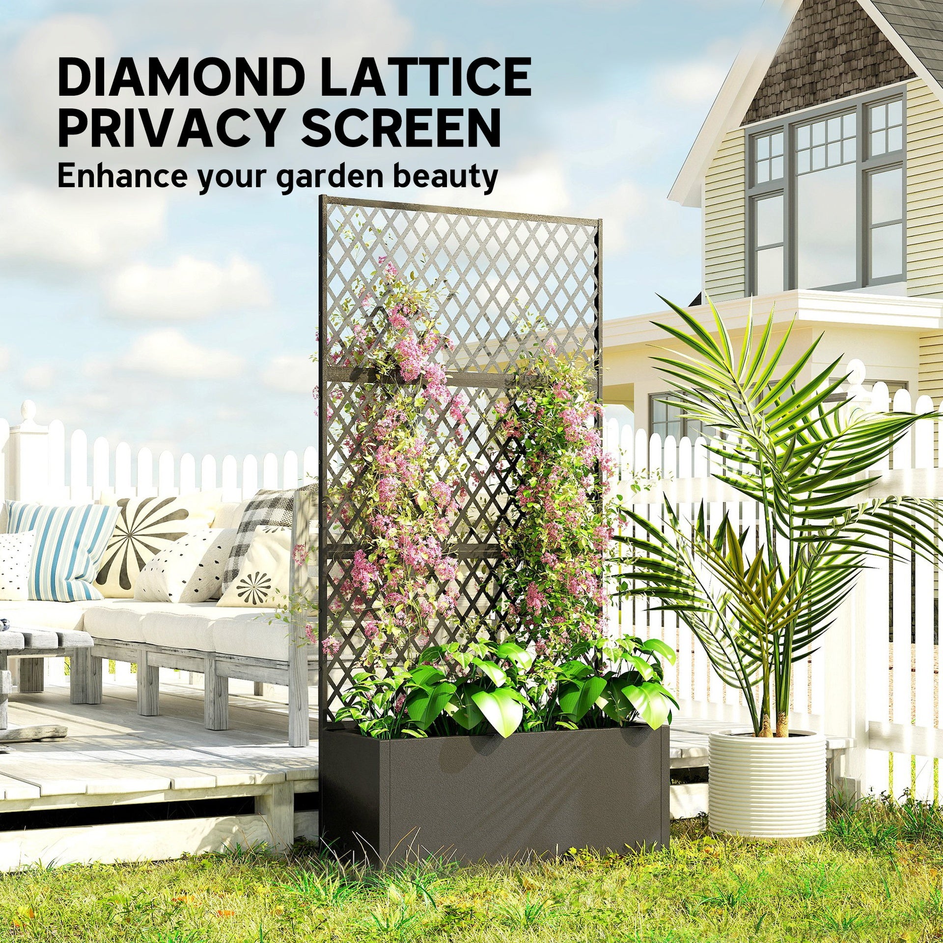 Outsunny Metal Planter Box with Trellis, Raised Garden Bed with Trellis, Diamond Lattice Privacy Planter for Climbing Plants