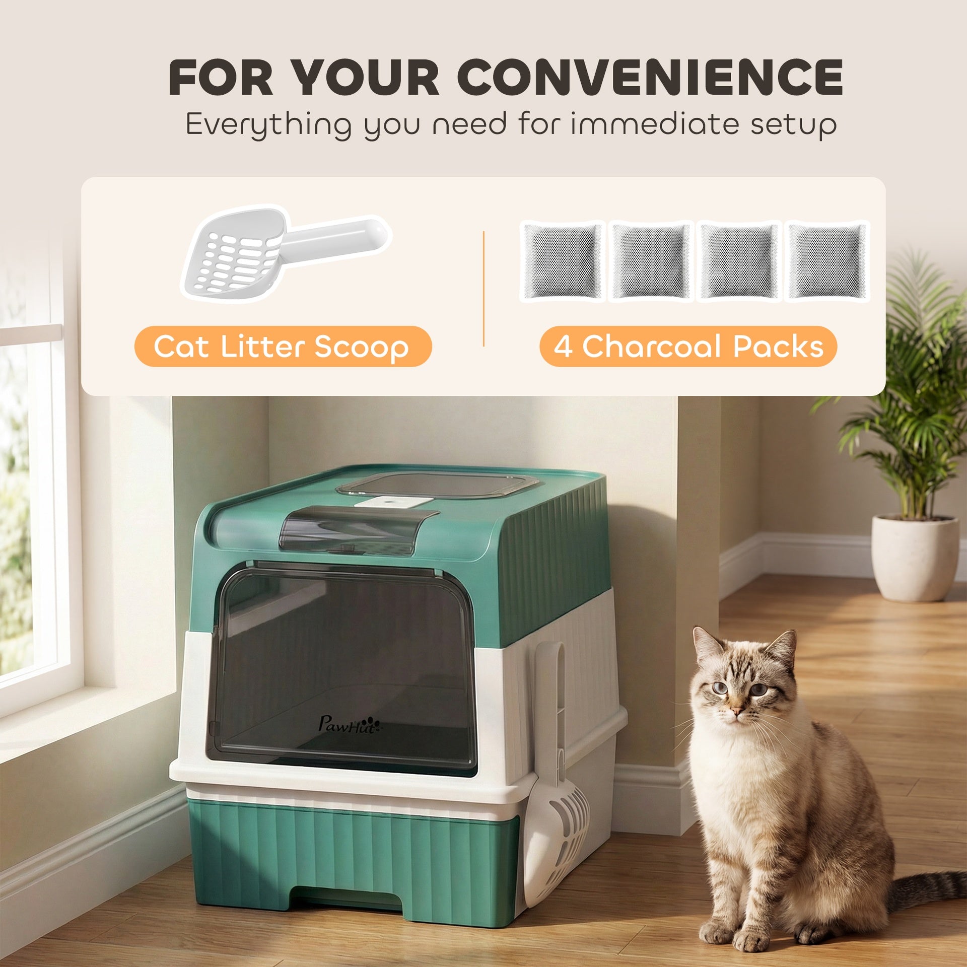 PawHut Cat Litter Box Hooded Cat Litter Tray with Drawer Pan Front Entry & Top Exit Easy Cleaning Teal