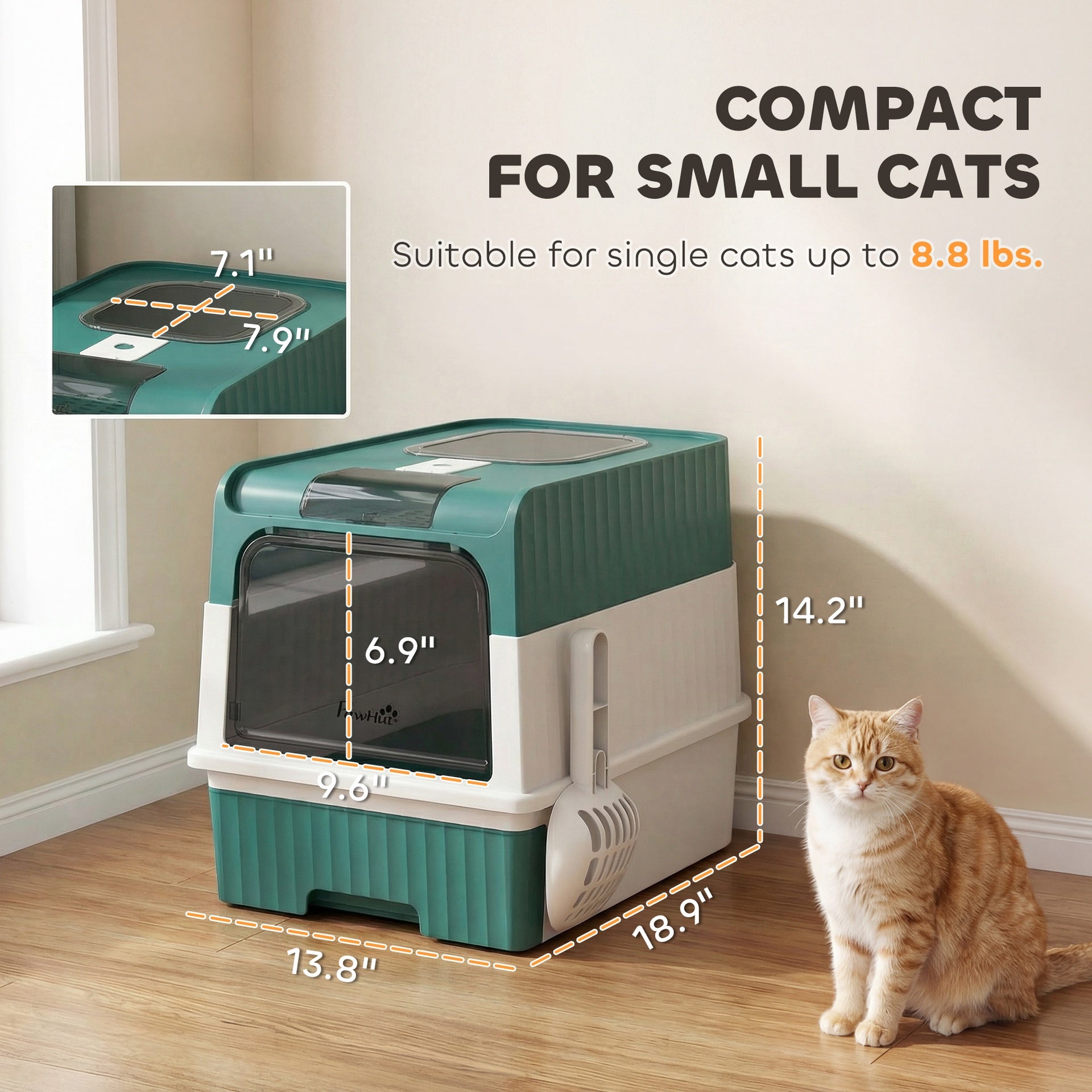 PawHut Cat Litter Box Hooded Cat Litter Tray with Drawer Pan Front Entry & Top Exit Easy Cleaning Teal