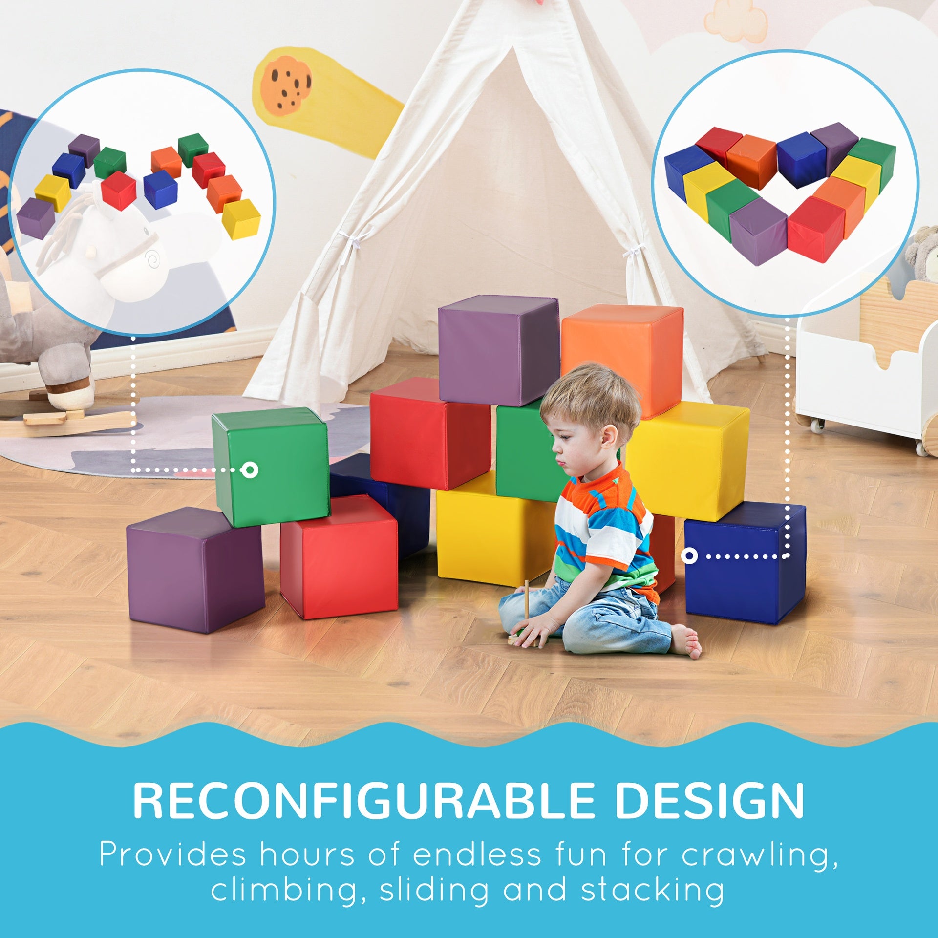Soozier 12 Piece Soft Play Blocks Soft Foam Toy for Toddler, Multi-Color