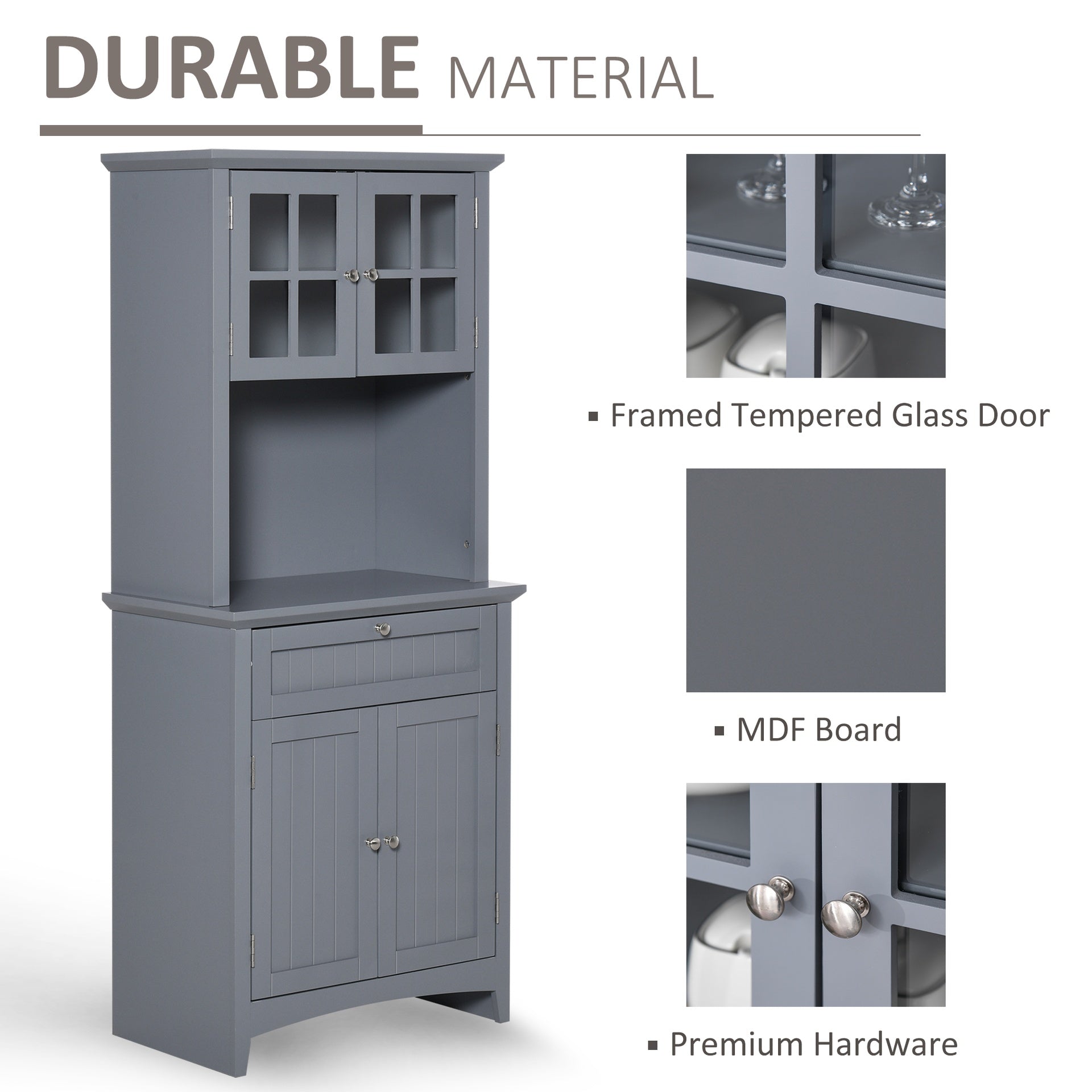 HOMCOM Elegant Buffet with Hutch, Kitchen Pantry Storage Cabinet with Framed Glass Door Drawer and Microwave Space, Gray