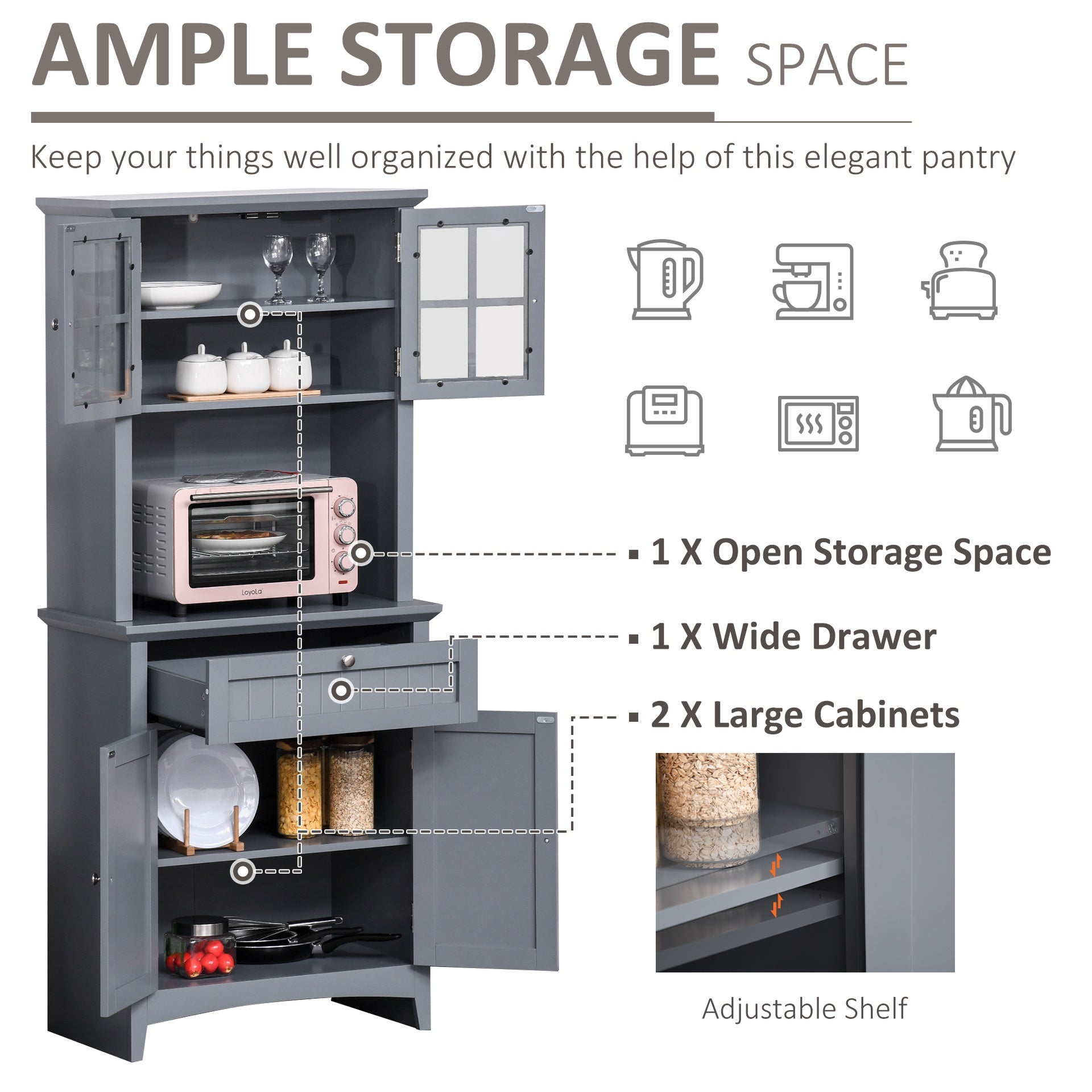 HOMCOM Elegant Buffet with Hutch, Kitchen Pantry Storage Cabinet with Framed Glass Door Drawer and Microwave Space, Gray