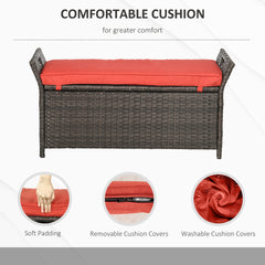 Outsunny 29 Gallon Patio Wicker Storage Bench, Outdoor PE Rattan Furniture, 2-In-1 Large Capacity Rectangle Garden Storage Box with Handles and Cushion, Red