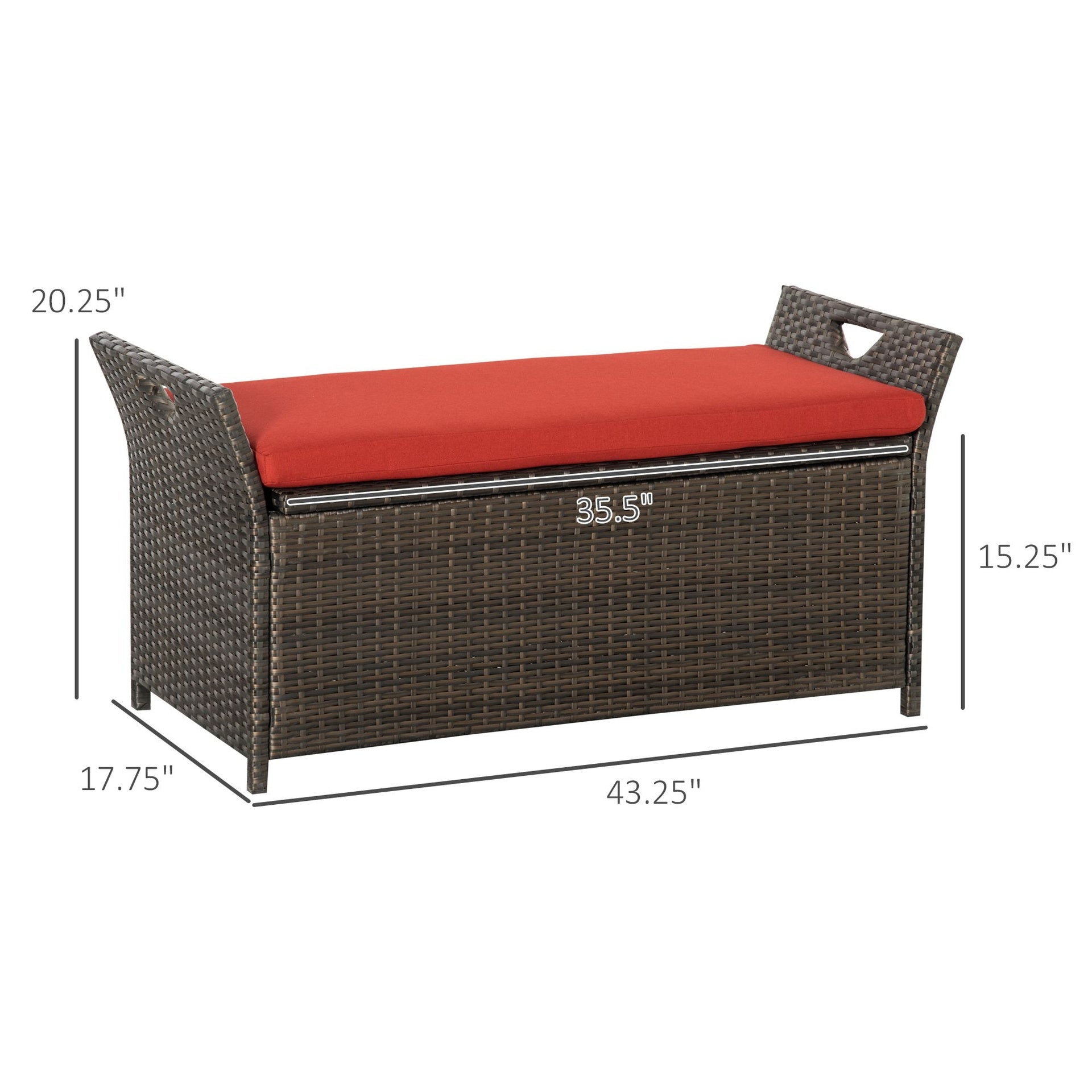 Outsunny 29 Gallon Patio Wicker Storage Bench, Outdoor PE Rattan Furniture, 2-In-1 Large Capacity Rectangle Garden Storage Box with Handles and Cushion, Red