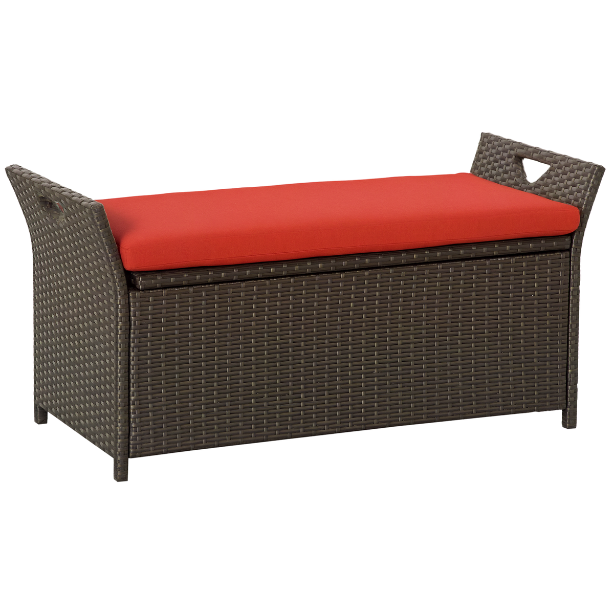 Outsunny 29 Gallon Patio Wicker Storage Bench, Outdoor PE Rattan Furniture, 2-In-1 Large Capacity Rectangle Garden Storage Box with Handles and Cushion, Red