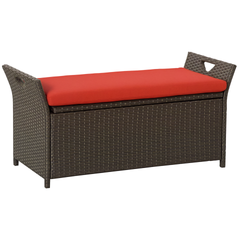 Outsunny 29 Gallon Patio Wicker Storage Bench, Outdoor PE Rattan Furniture, 2-In-1 Large Capacity Rectangle Garden Storage Box with Handles and Cushion, Red