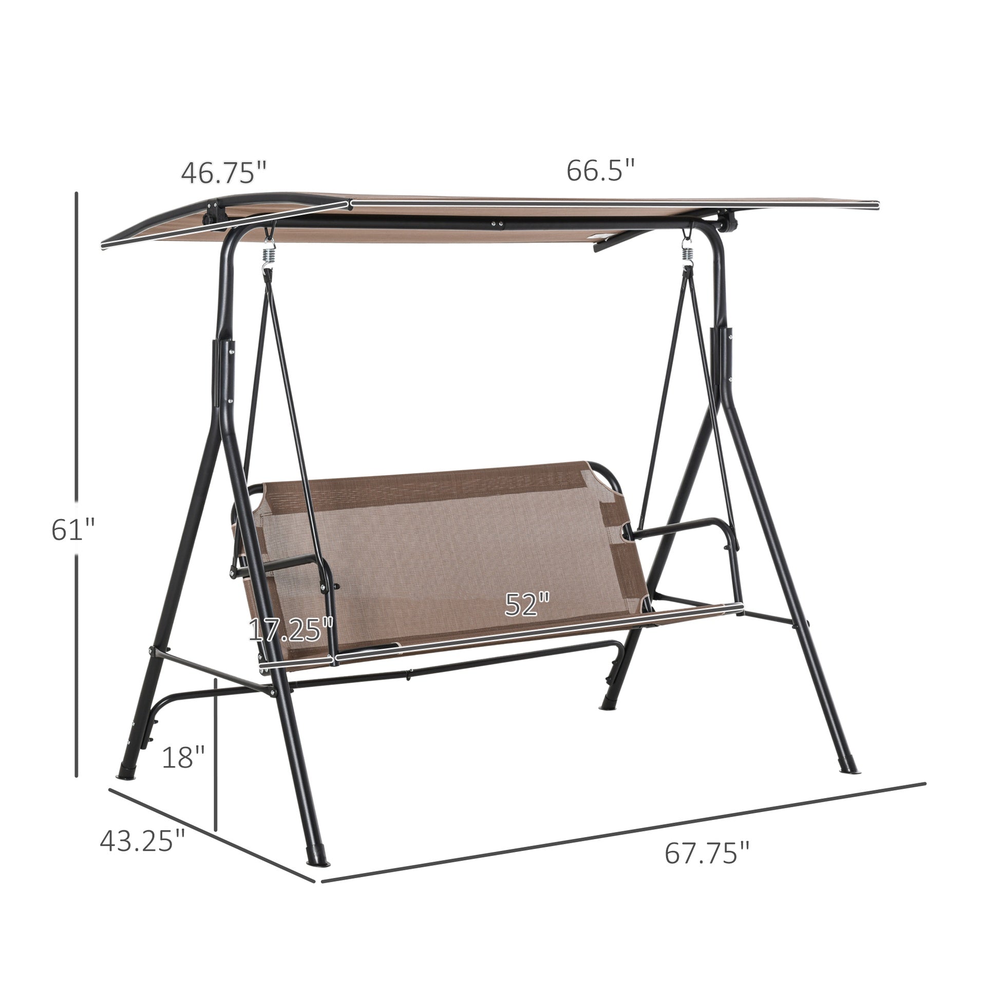 Outsunny 2-Seater Patio Swing Chair, Outdoor Adjustable Canopy Porch Swing with Armrests, Texeline Fabric and Steel Frame, Brown