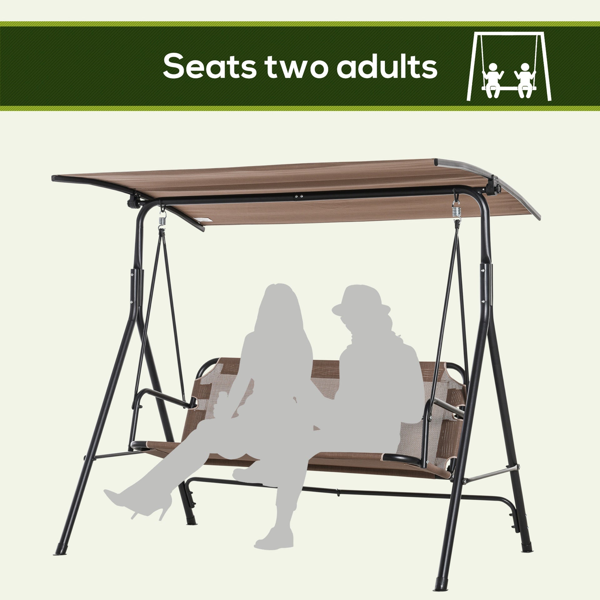 Outsunny 2-Seater Patio Swing Chair, Outdoor Adjustable Canopy Porch Swing with Armrests, Texeline Fabric and Steel Frame, Brown