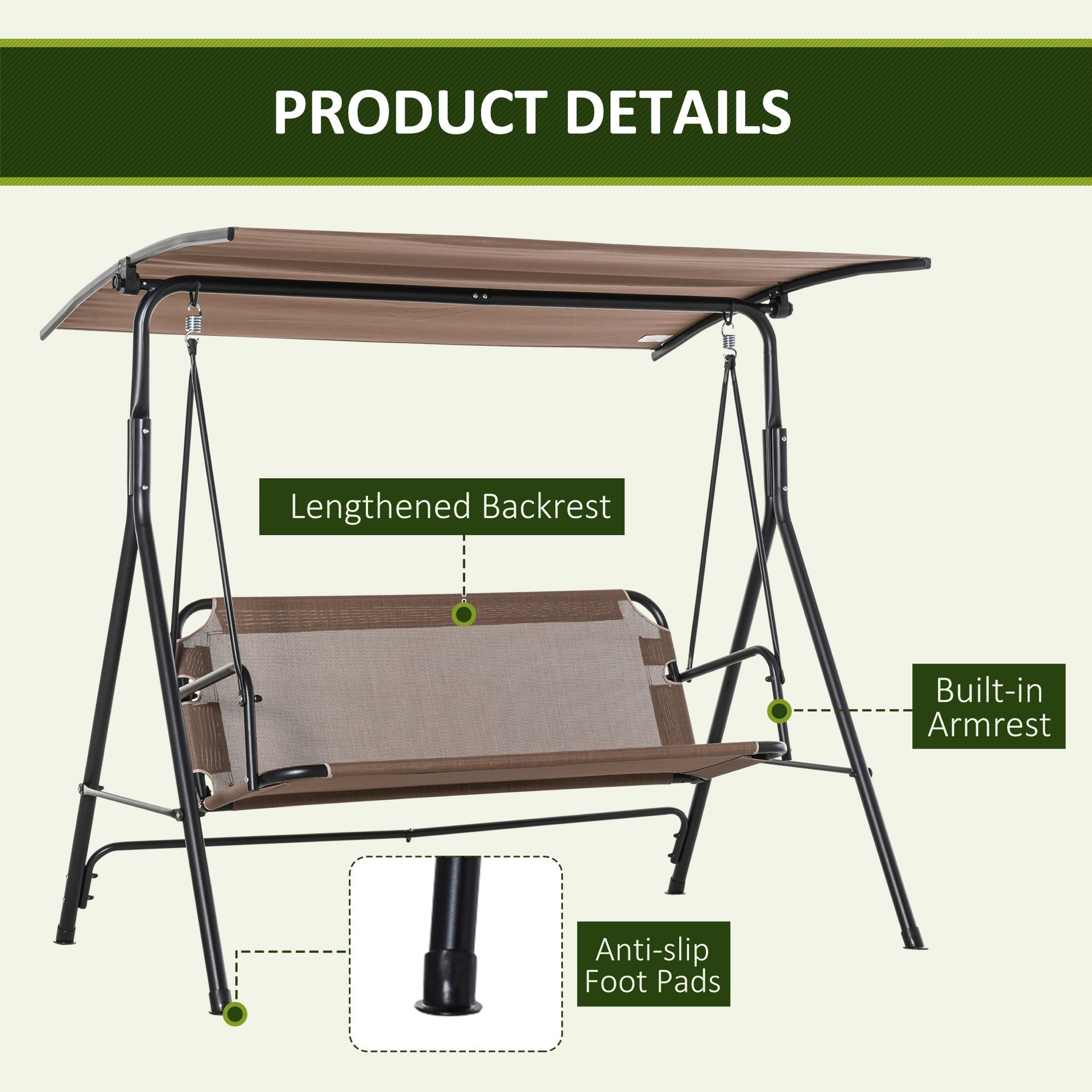 Outsunny 2-Seater Patio Swing Chair, Outdoor Adjustable Canopy Porch Swing with Armrests, Texeline Fabric and Steel Frame, Brown