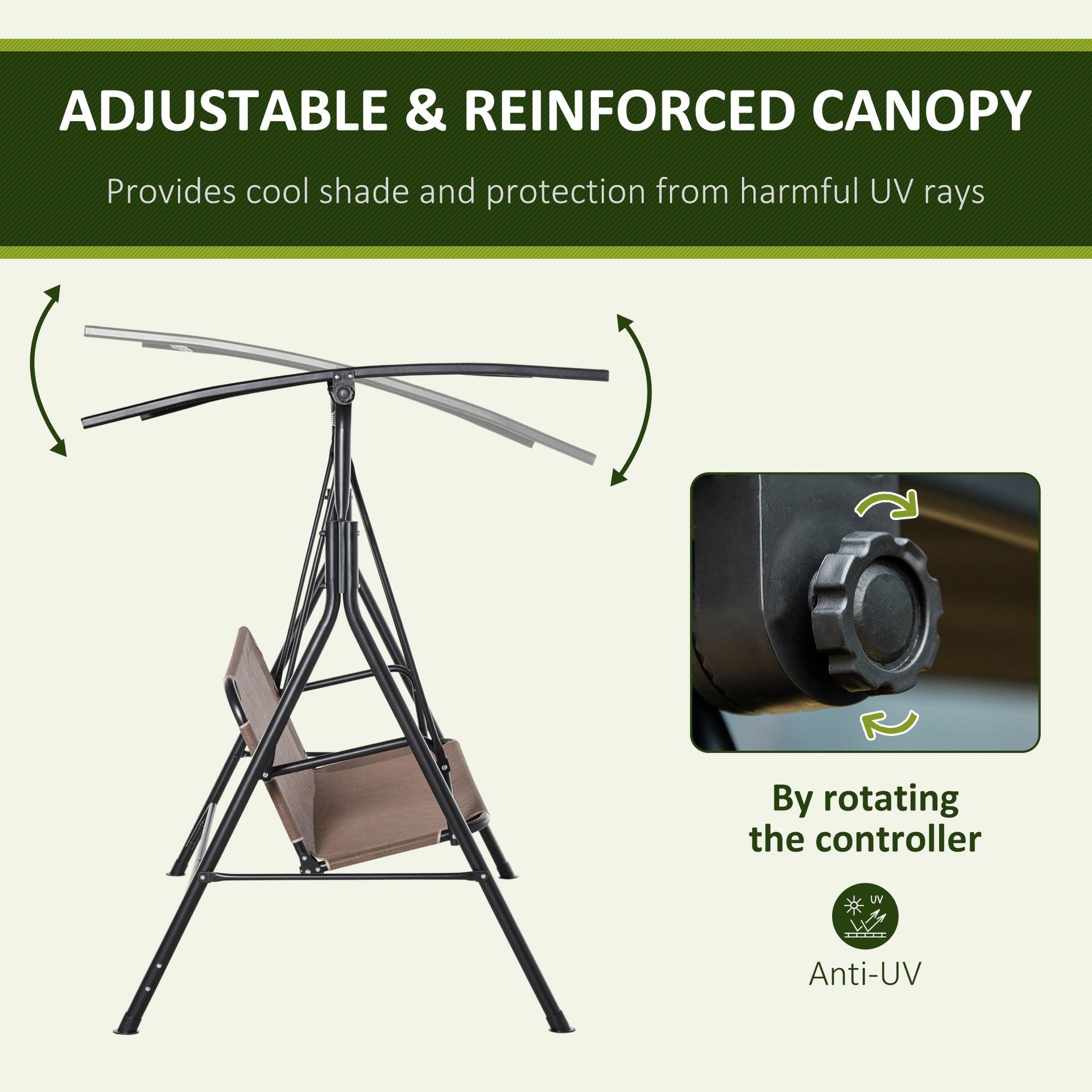 Outsunny 2-Seater Patio Swing Chair, Outdoor Adjustable Canopy Porch Swing with Armrests, Texeline Fabric and Steel Frame, Brown