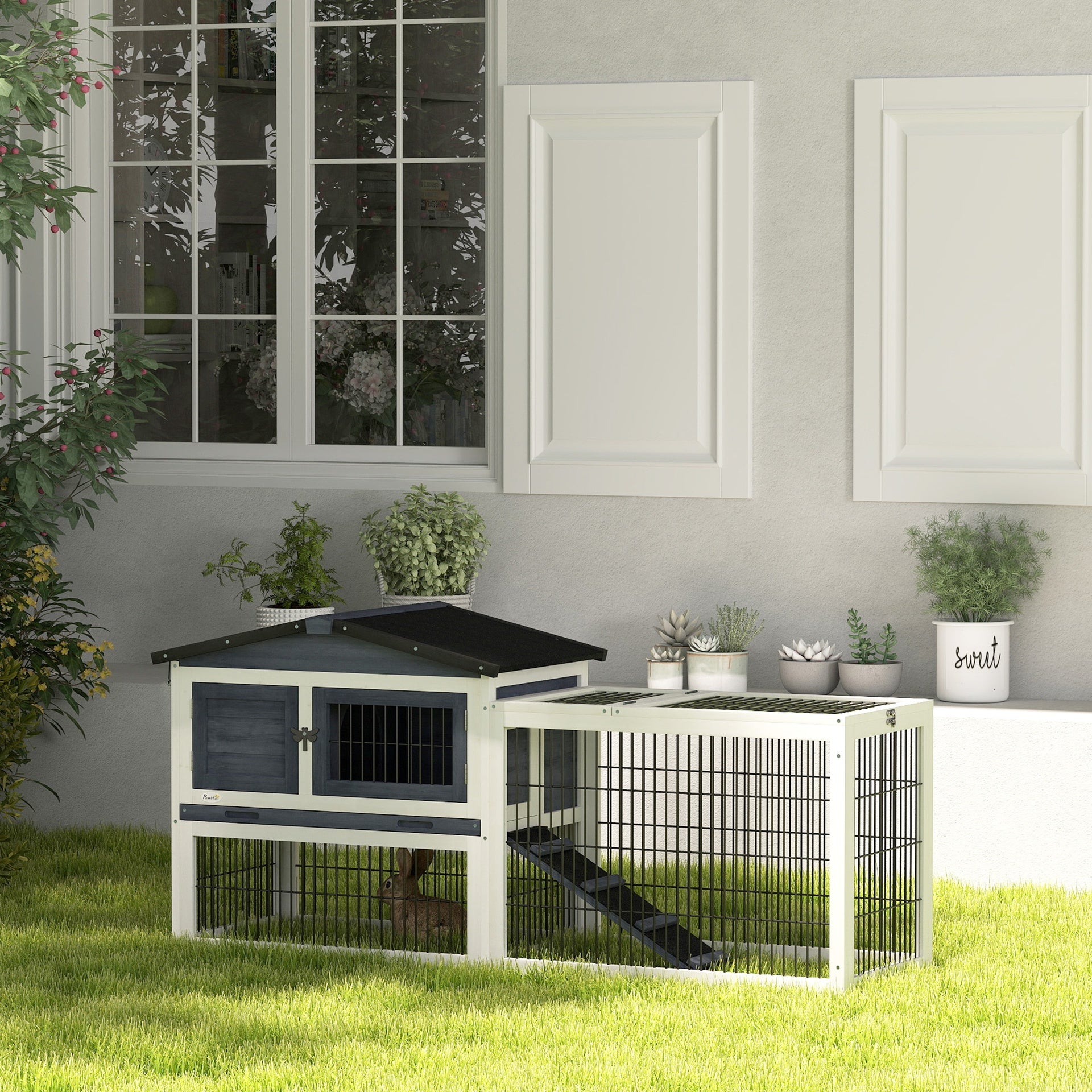 PawHut 2 Level 59" Outdoor Rabbit Hutch with Openable Top, Dark Gray