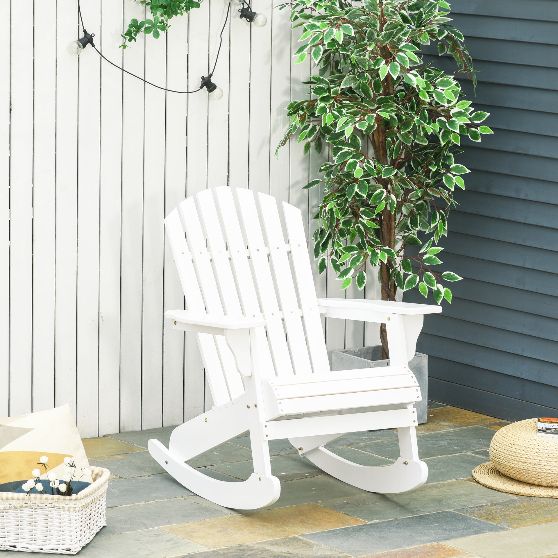Outsunny Wooden Adirondack Rocking Chair Outdoor Lounge Chair Fire Pit Seating with Slatted Wooden Design, Fanned Back, White
