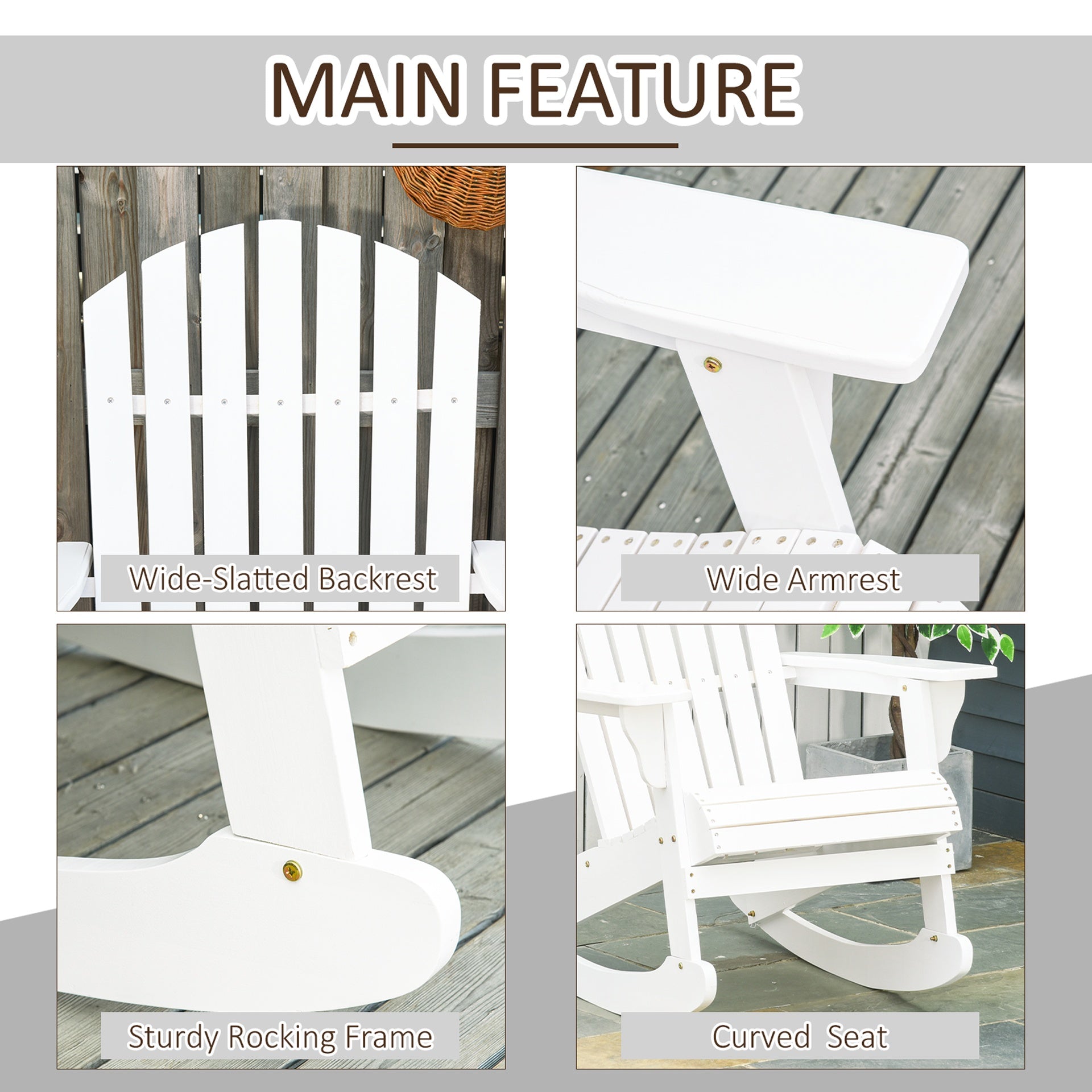 Outsunny Wooden Adirondack Rocking Chair Outdoor Lounge Chair Fire Pit Seating with Slatted Wooden Design, Fanned Back, White