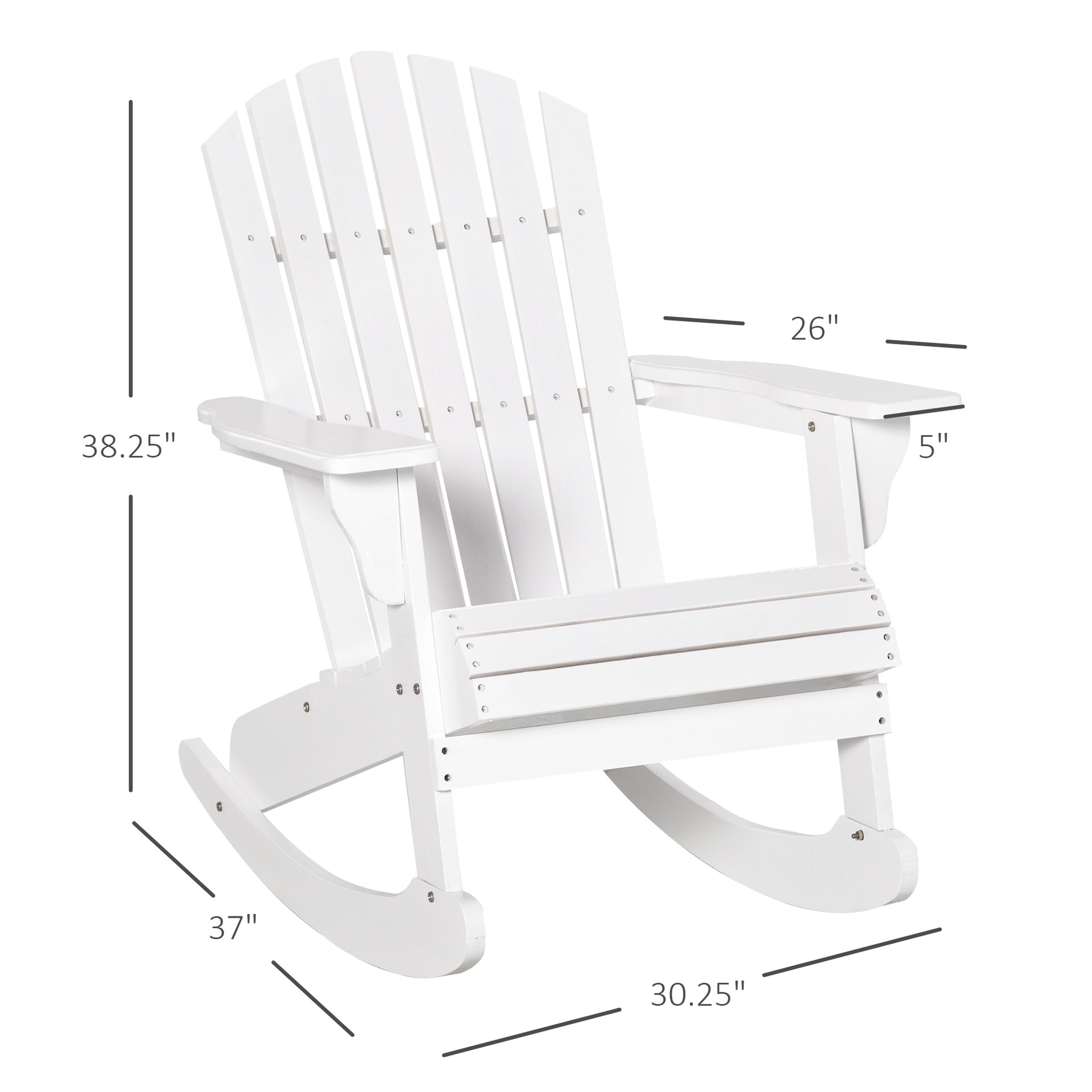 Outsunny Wooden Adirondack Rocking Chair Outdoor Lounge Chair Fire Pit Seating with Slatted Wooden Design, Fanned Back, White
