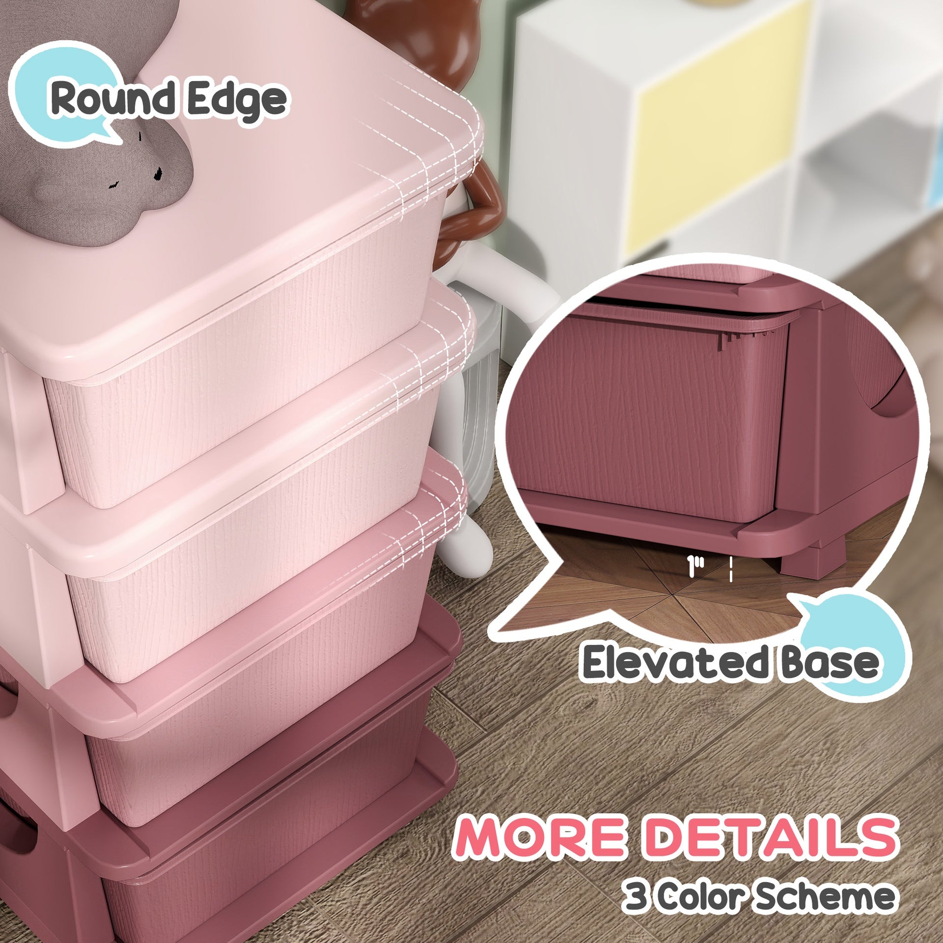 Qaba 30" 4 Tier Kids Storage Unit Dresser Tower w/ 4 Drawers, Pink