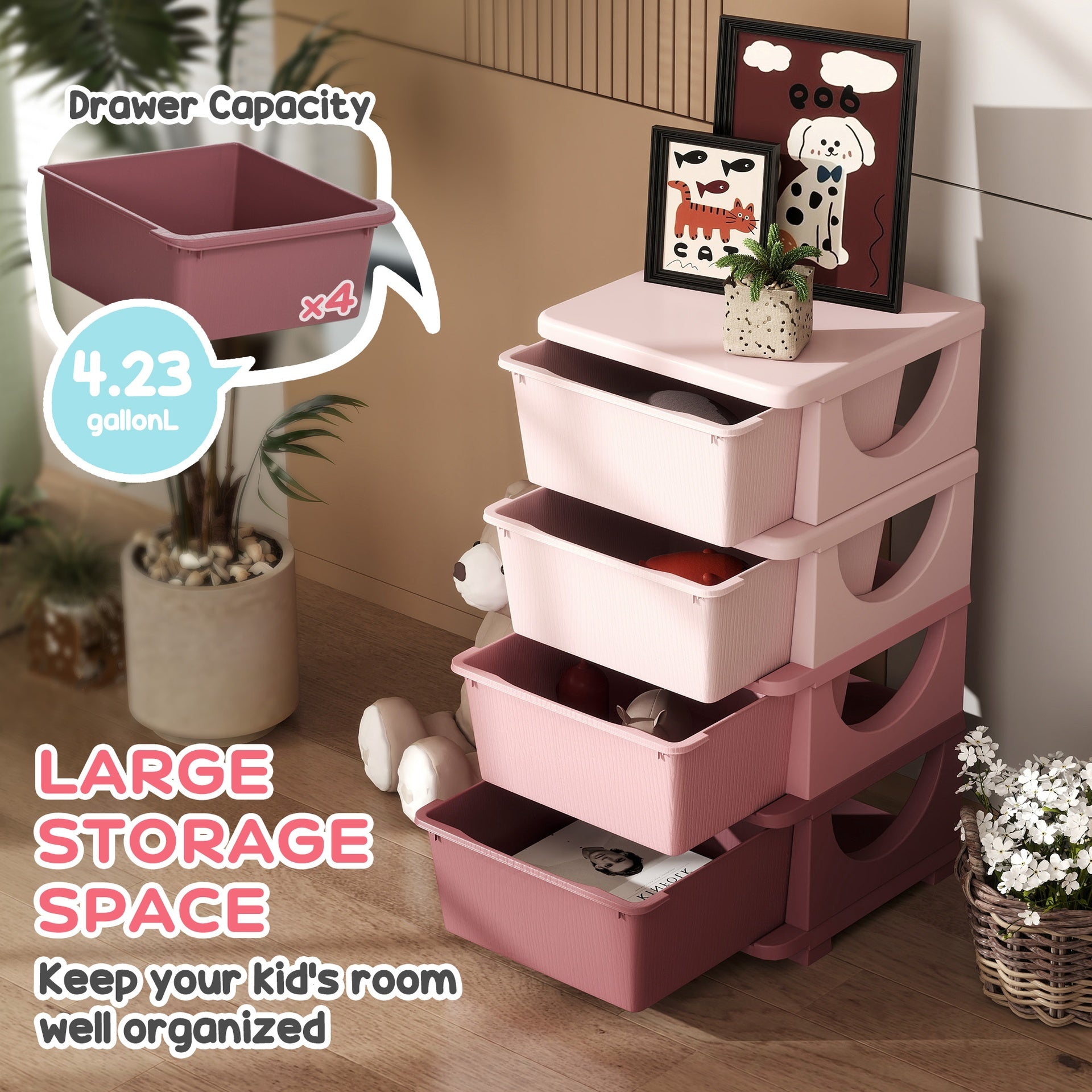 Qaba 30" 4 Tier Kids Storage Unit Dresser Tower w/ 4 Drawers, Pink