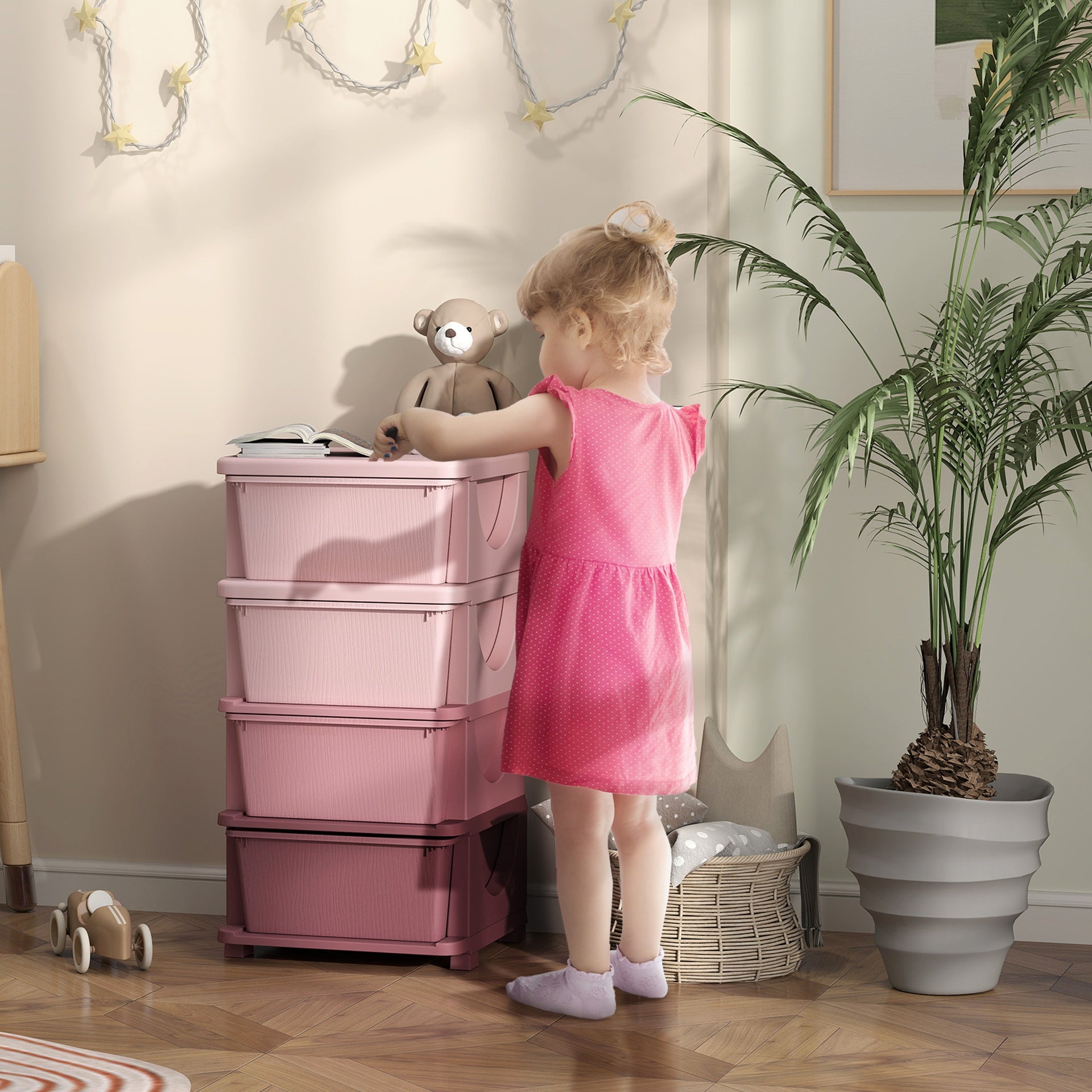 Qaba 30" 4 Tier Kids Storage Unit Dresser Tower w/ 4 Drawers, Pink