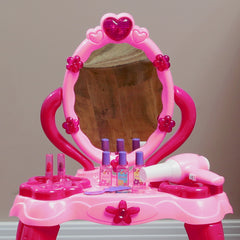 Qaba Kids Vanity Set with Mirror and Stool, Light and Sound, 15 Accessories, Pink