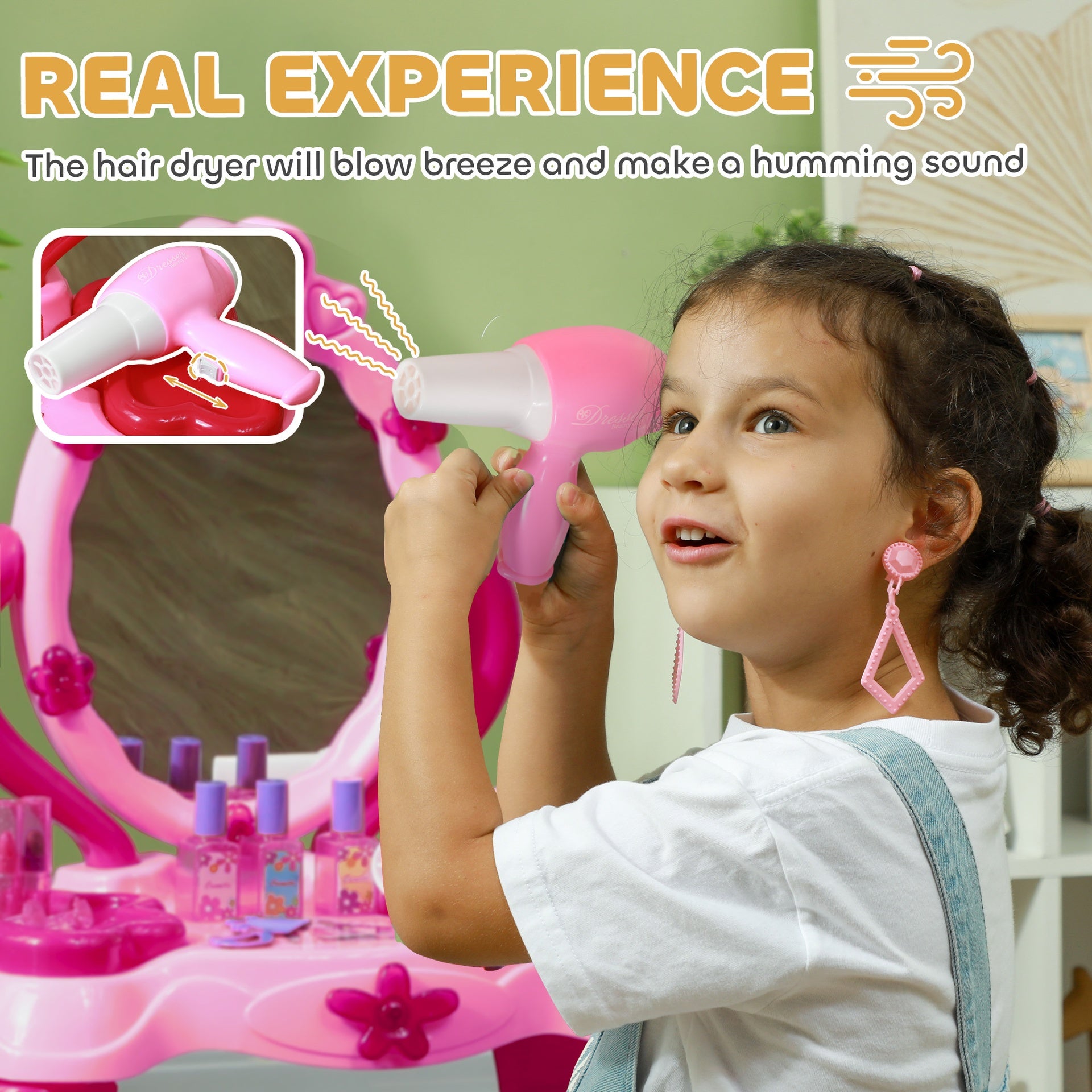 Qaba Kids Vanity Set with Mirror and Stool, Light and Sound, 15 Accessories, Pink