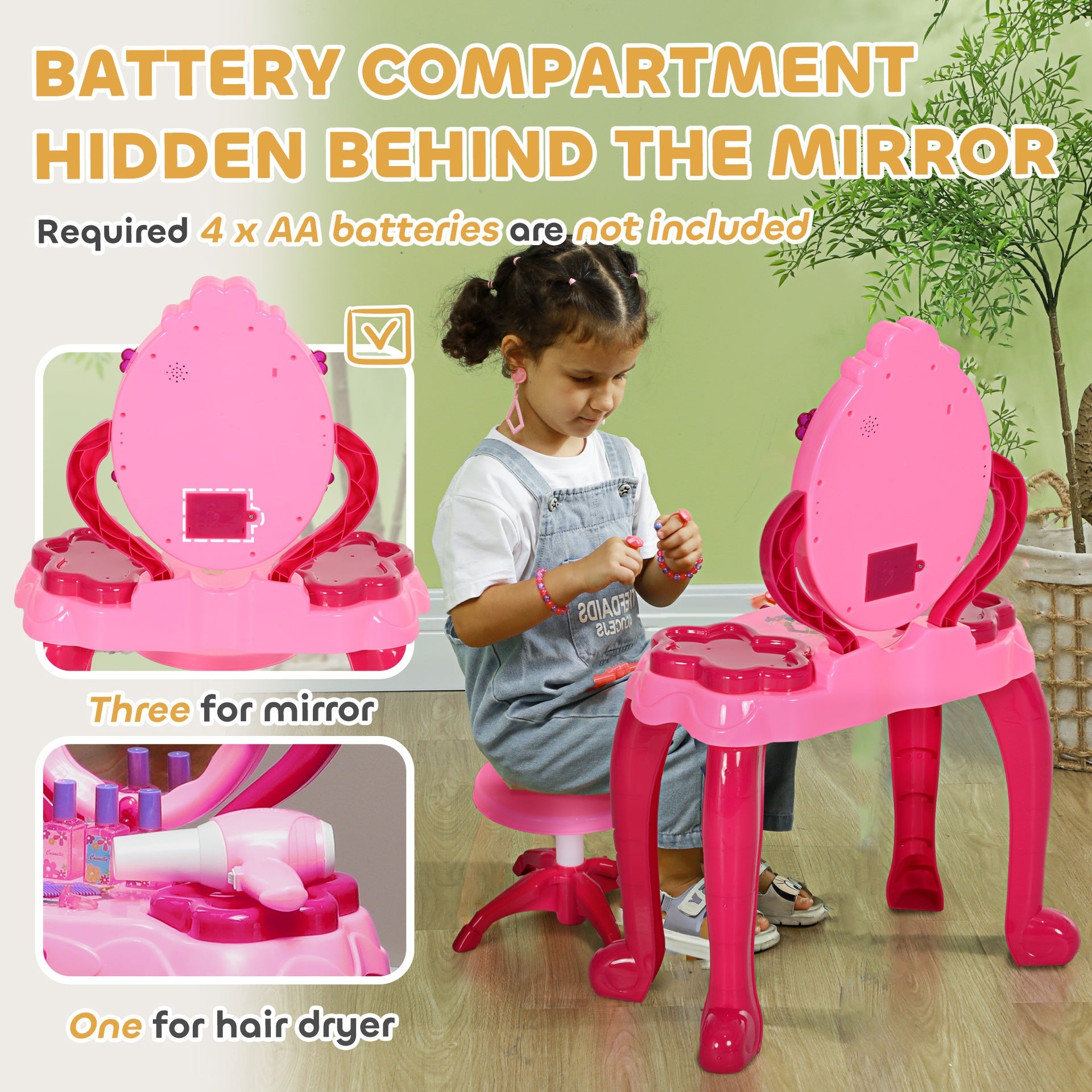 Qaba Kids Vanity Set with Mirror and Stool, Light and Sound, 15 Accessories, Pink