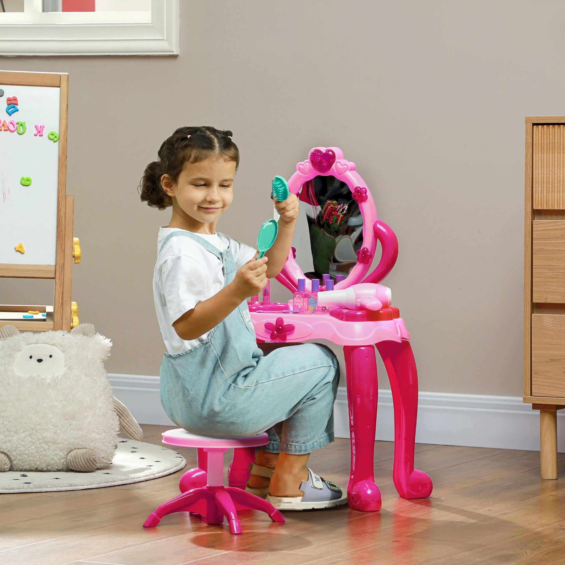 Qaba Kids Vanity Set with Mirror and Stool, Light and Sound, 15 Accessories, Pink