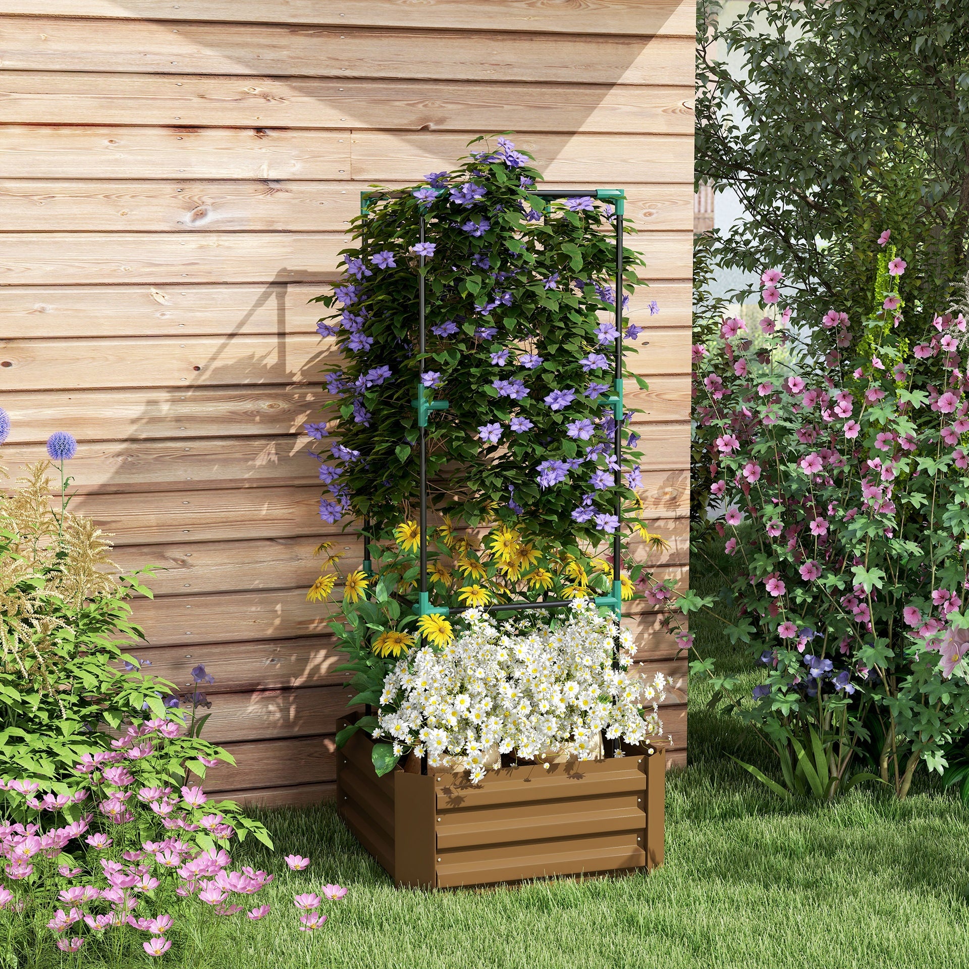 Outsunny Galvanized Planter Box, 24" x 24" x 55" Raised Garden Bed with Tomato Cage for Climbing Vines, Brown