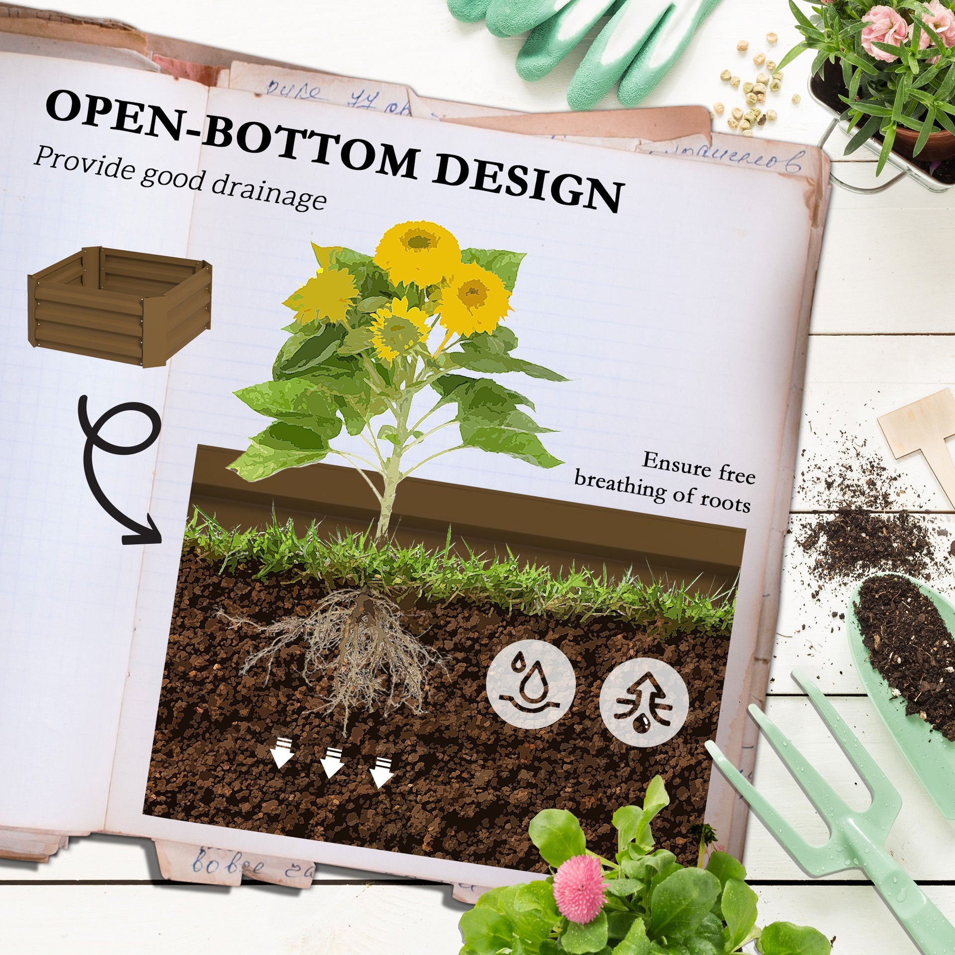Outsunny Galvanized Planter Box, 24" x 24" x 55" Raised Garden Bed with Tomato Cage for Climbing Vines, Brown