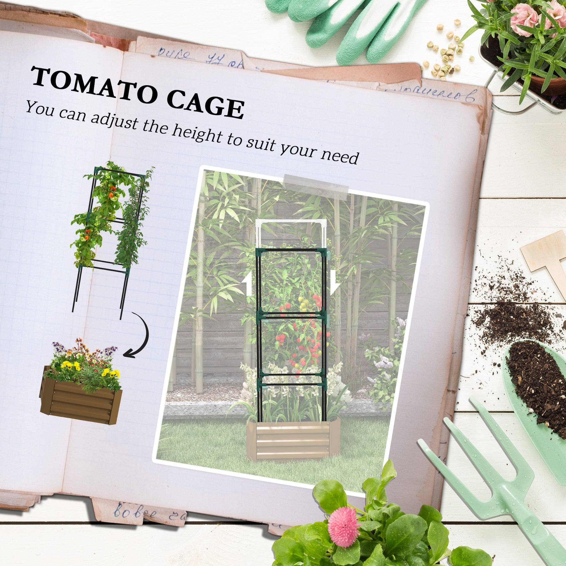 Outsunny Galvanized Planter Box, 24" x 24" x 55" Raised Garden Bed with Tomato Cage for Climbing Vines, Brown