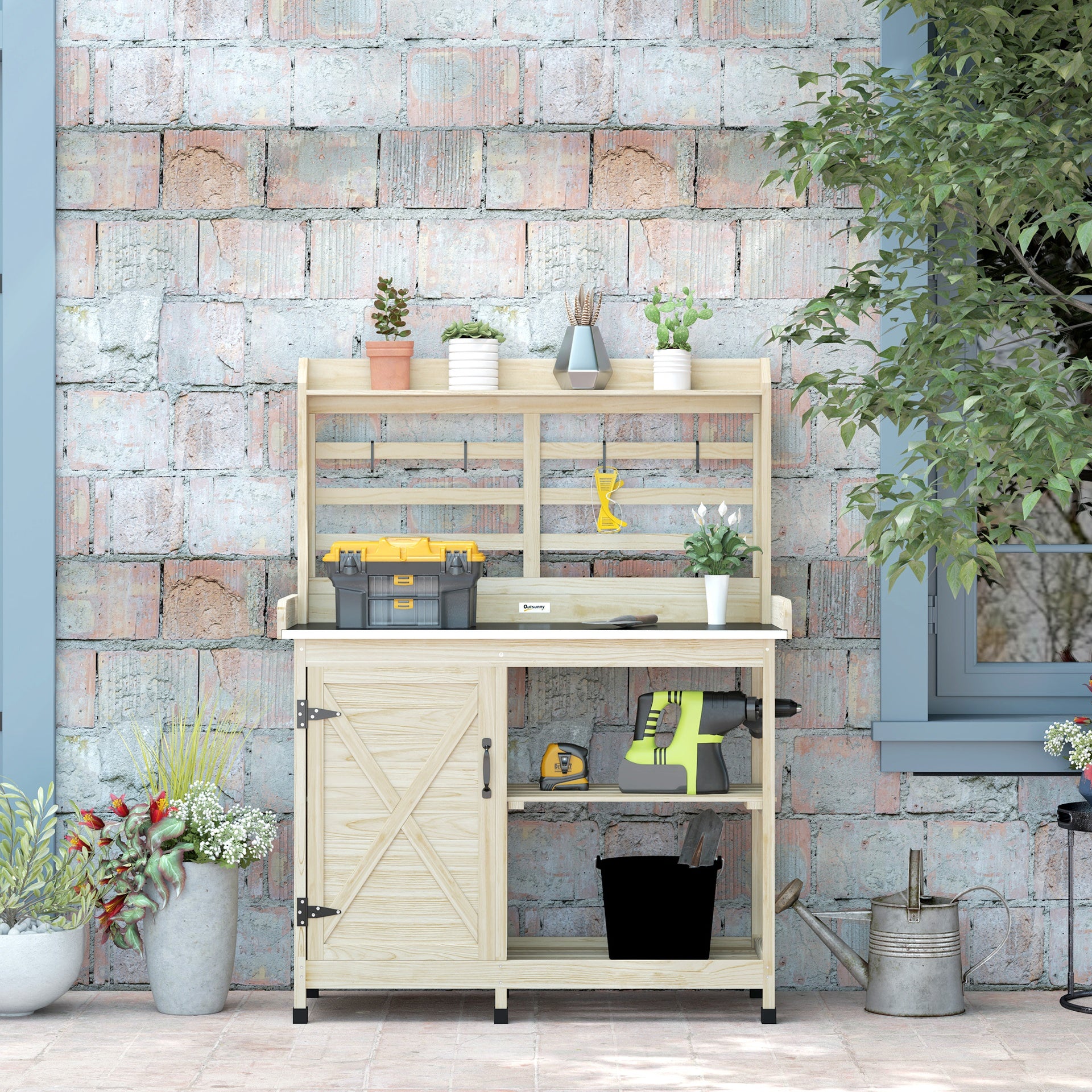 Outsunny Wooden Potting Bench with Storage, Sink, Water Tap for Backyard, Patio, Balcony, Natural