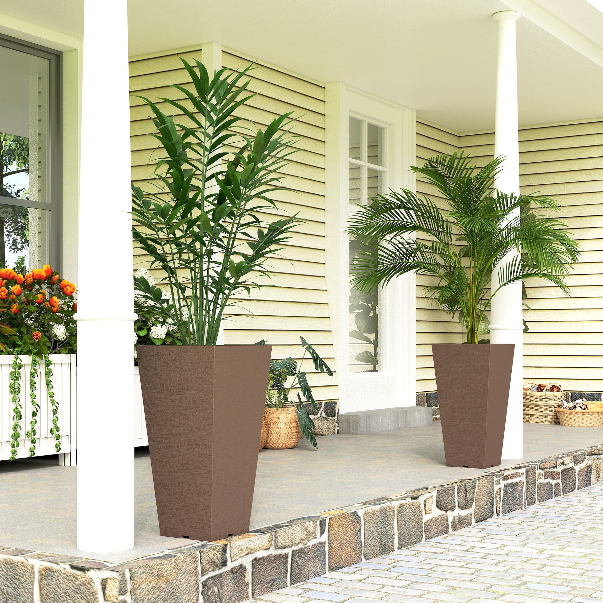 Outsunny 23 Inch Tall Planters for Outdoor Plants, Set of 2 Plastic Flower Pots, for Front Door Patio Garden Use, Brown