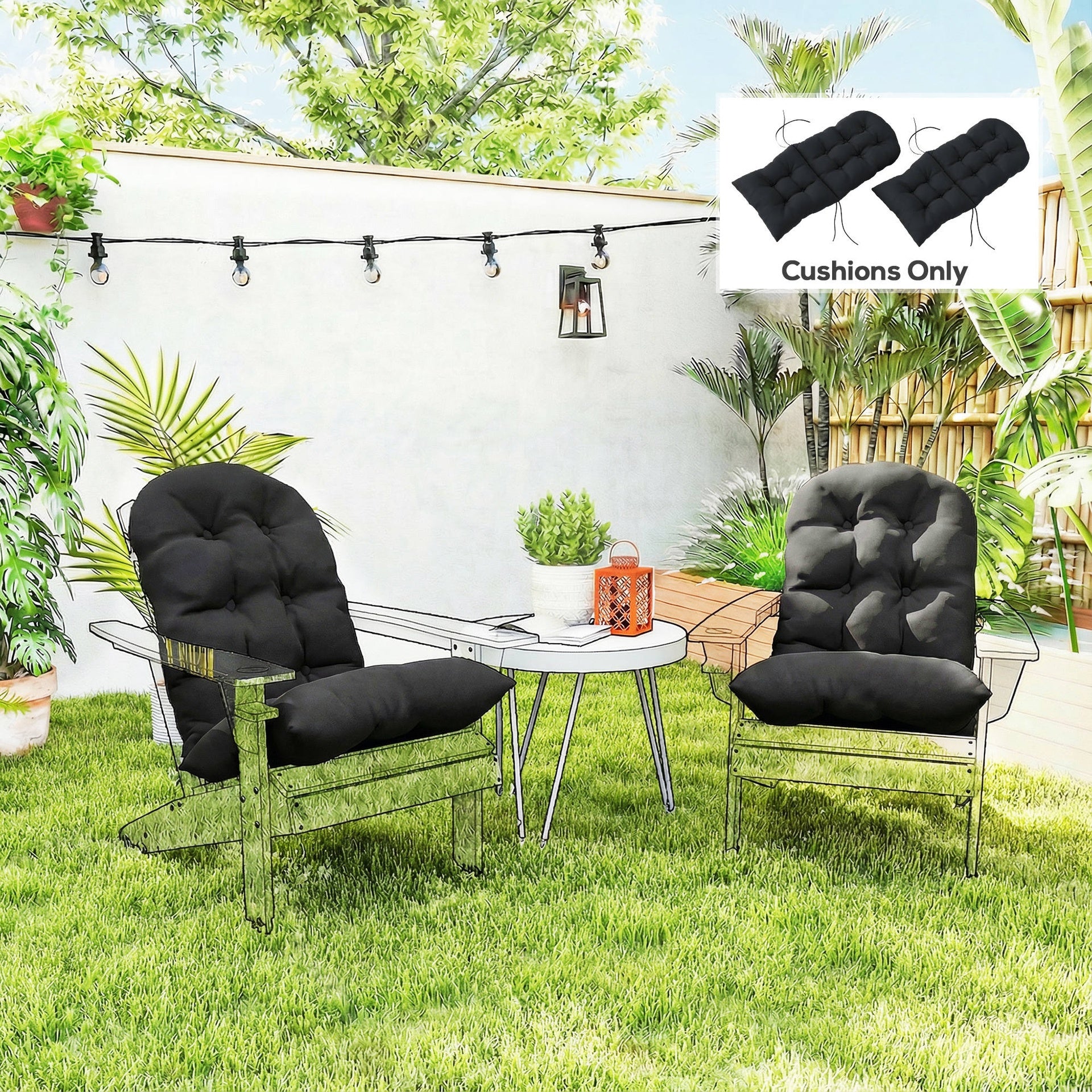 Outsunny Outdoor Adirondack Chair Cushions Set of 2, Tufted High Back Patio Chair Cushions, Black