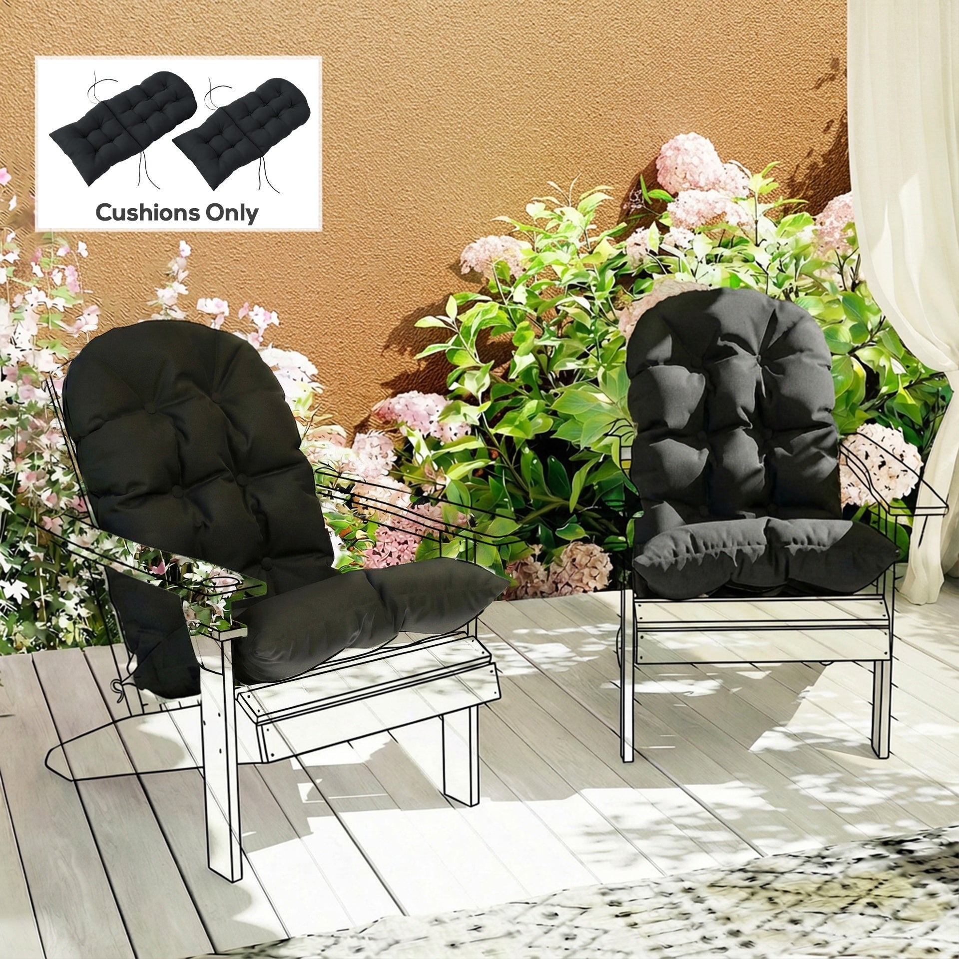 Outsunny Outdoor Adirondack Chair Cushions Set of 2, Tufted High Back Patio Chair Cushions, Black