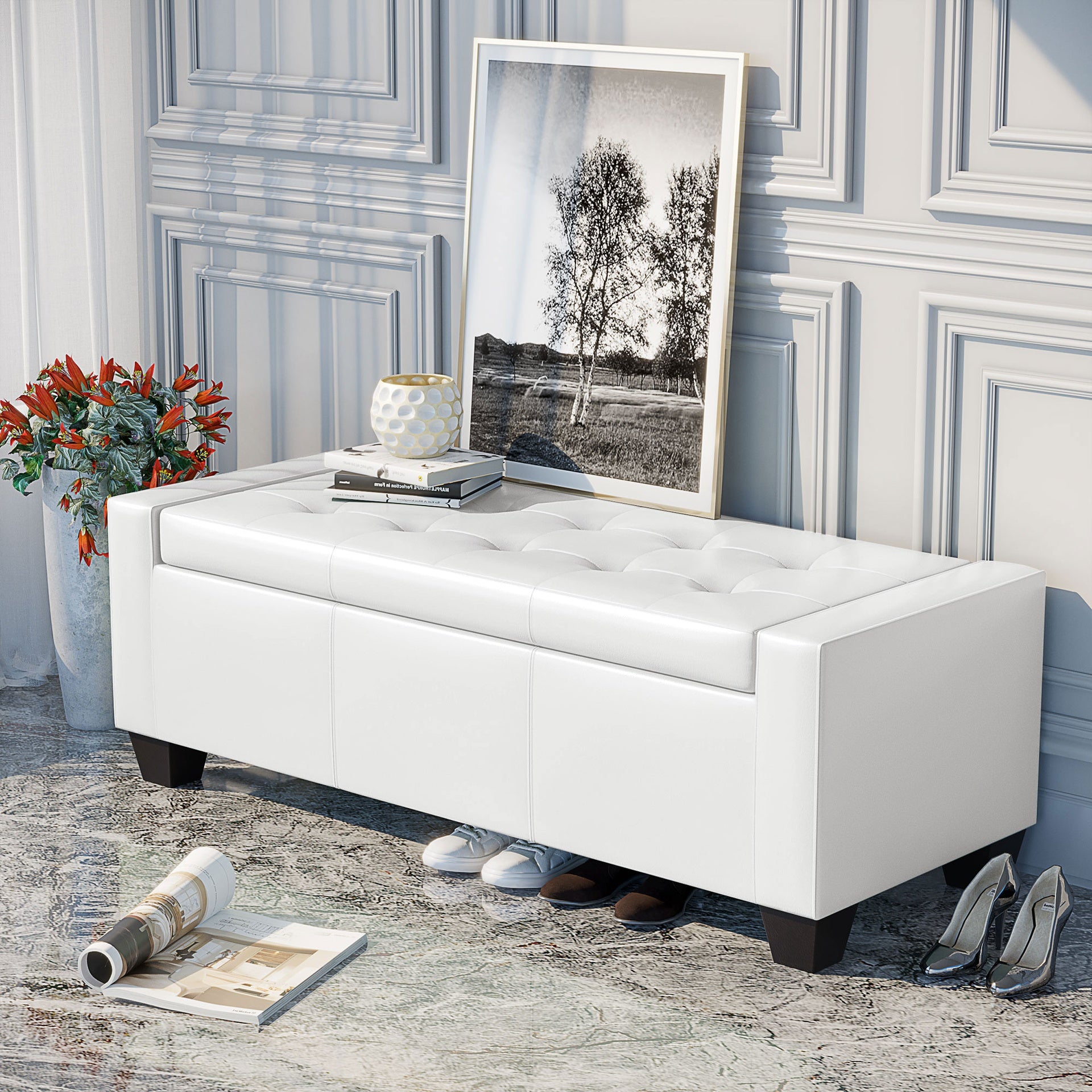 HOMCOM 50.5" Faux Leather Rectangular Tufted Storage Ottoman for Living Room, Entryway, or Bedroom, White