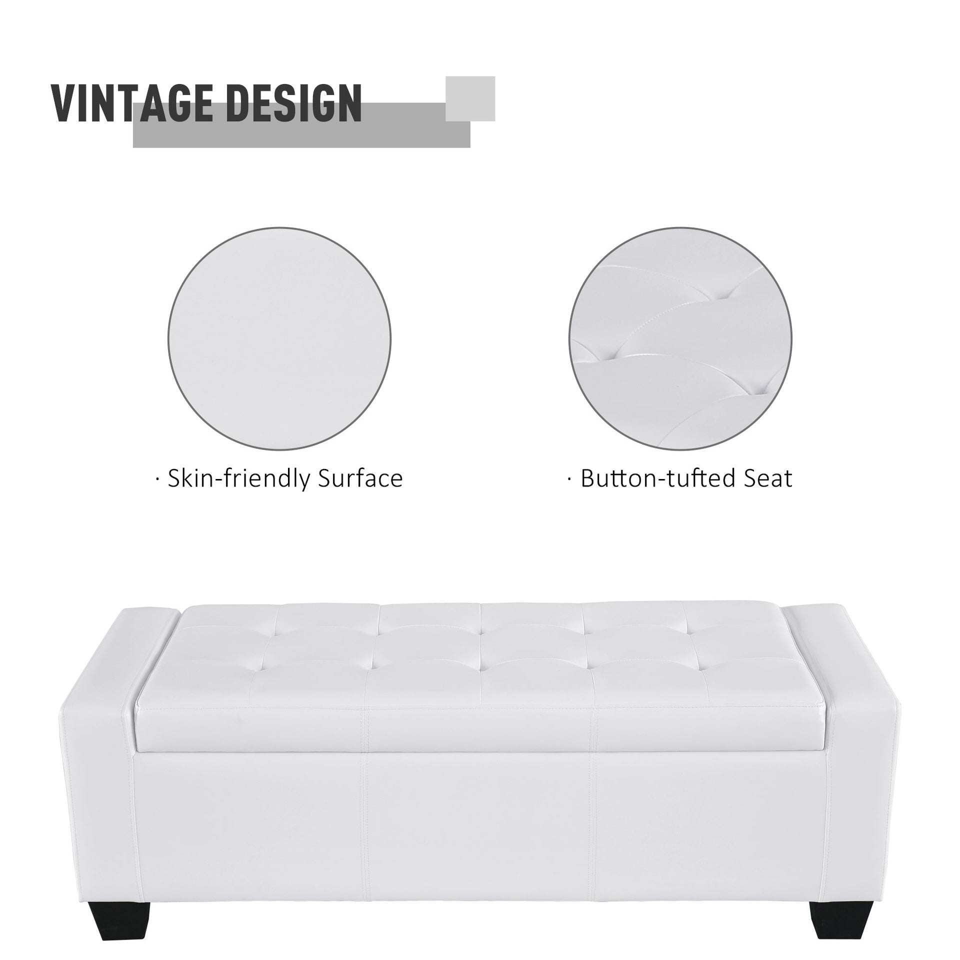 HOMCOM 50.5" Faux Leather Rectangular Tufted Storage Ottoman for Living Room, Entryway, or Bedroom, White