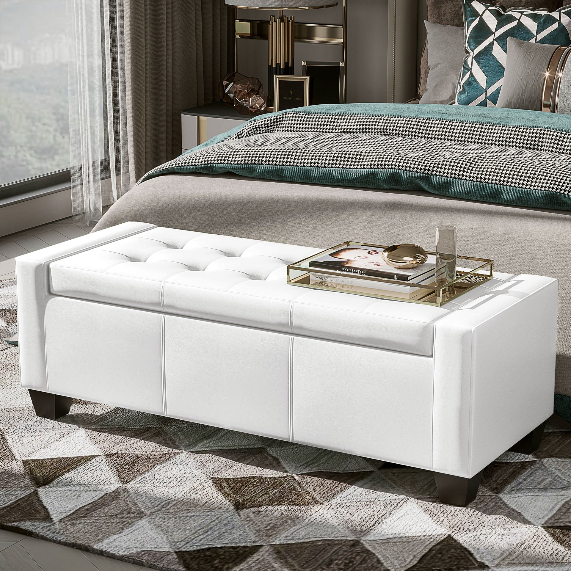 HOMCOM 50.5" Faux Leather Rectangular Tufted Storage Ottoman for Living Room, Entryway, or Bedroom, White
