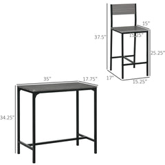 HOMCOM 3 Piece Bar Table and Chairs, Industrial Dining Table Set for 2, Counter Height Kitchen Table with Bar stools, Breakfast Table Set for 2 for Small Space, Gray