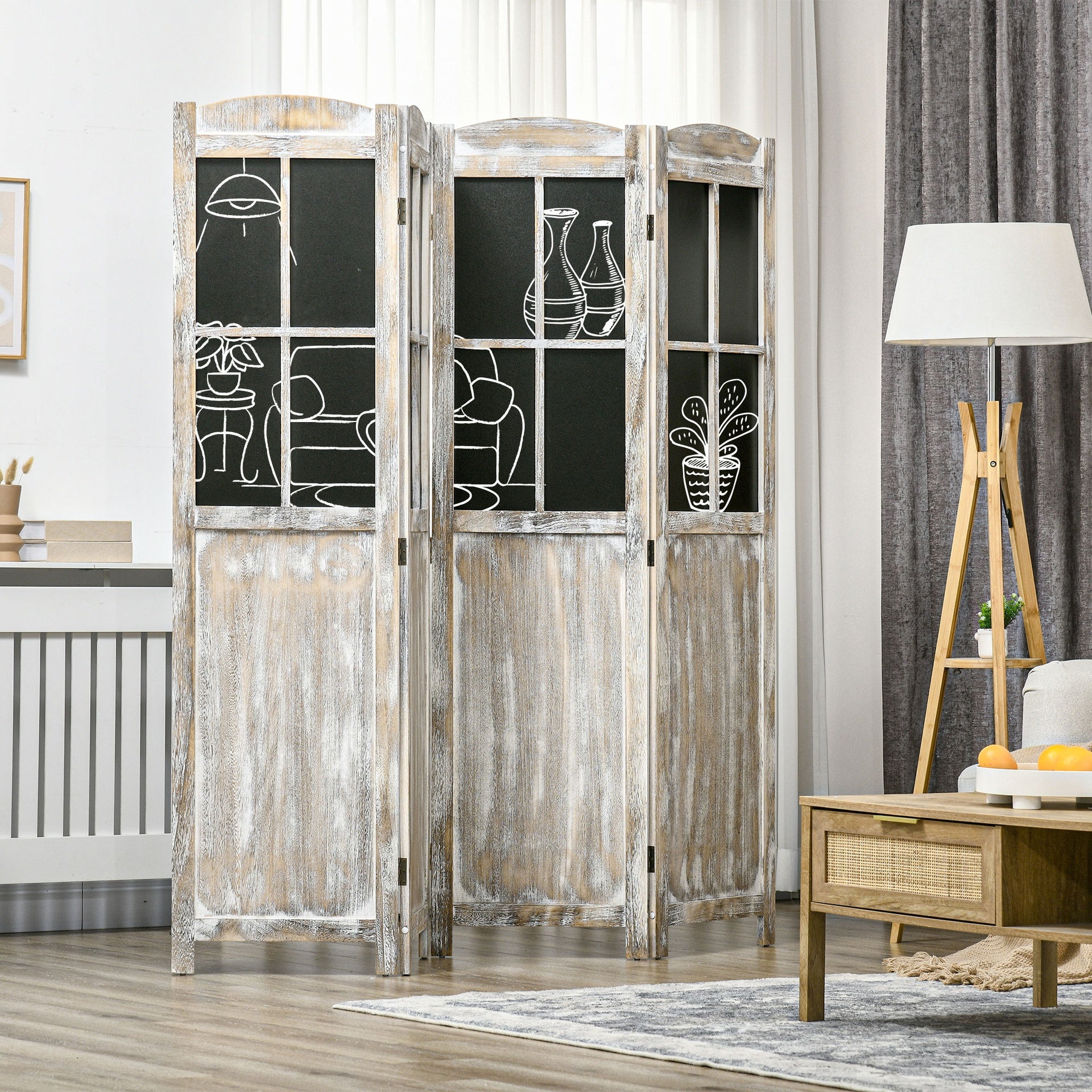 HOMCOM 4 Panel Room Divider, 5.6' Tall Farmhouse Style Folding Indoor Portable Wood Privacy Screen with Black Boards, Hinged Freestanding Partition Wall Dividers for Home Office, Natural