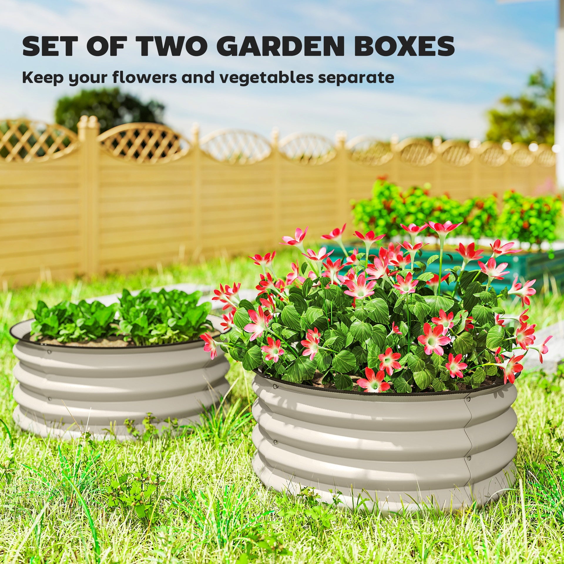 Outsunny Set of 2 Raised Garden Bed, Metal Planter Box with Safety Edging, Easy-to-assemble Stock Tank, Cream