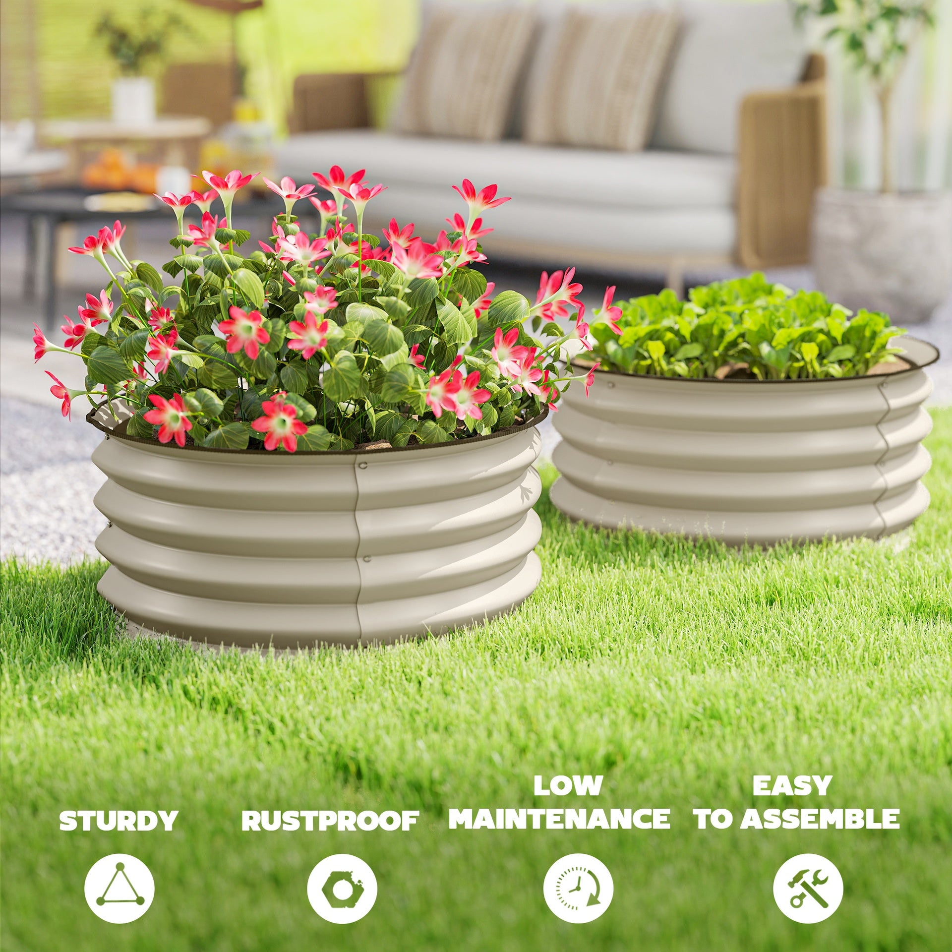 Outsunny Set of 2 Raised Garden Bed, Metal Planter Box with Safety Edging, Easy-to-assemble Stock Tank, Cream