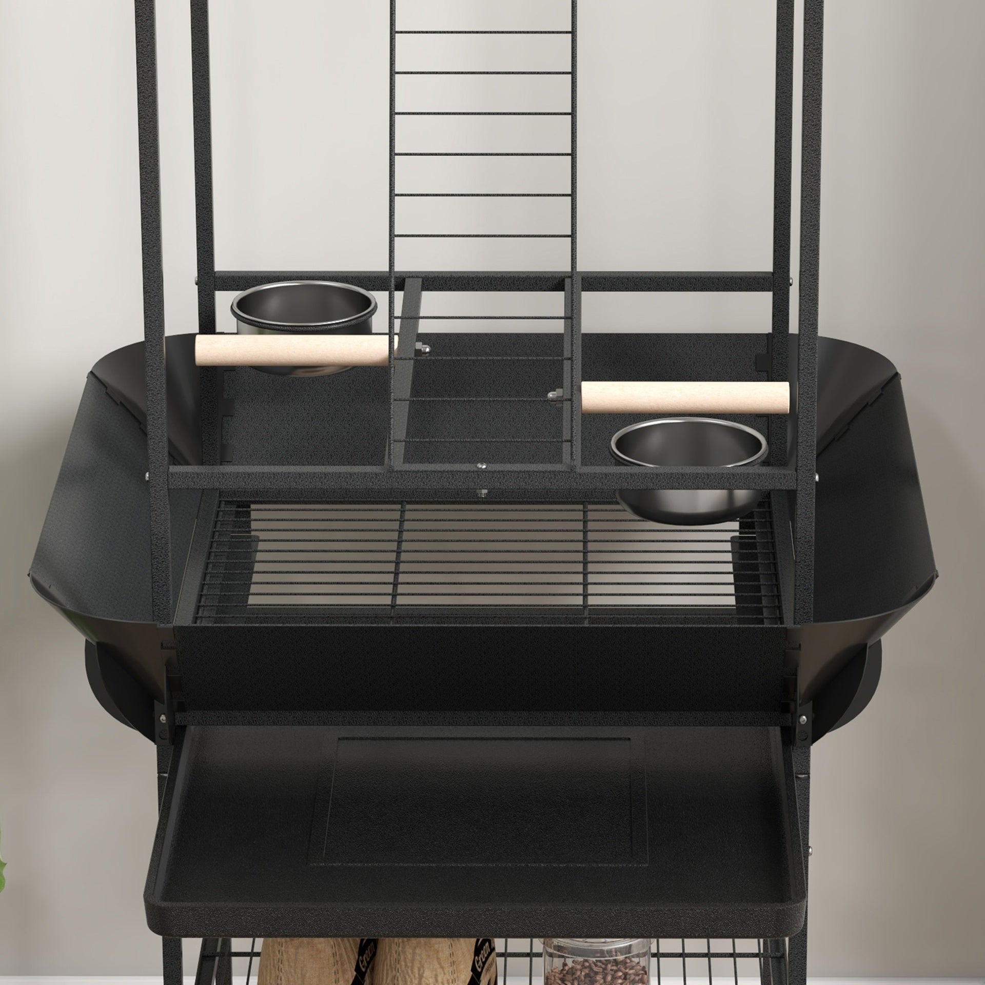 PawHut Bird Stand with Wheels, Perches, Stainless Steel Feed Bowls, Pull-Out Tray for Indoor Outdoor Small Parrot, Dark Gray