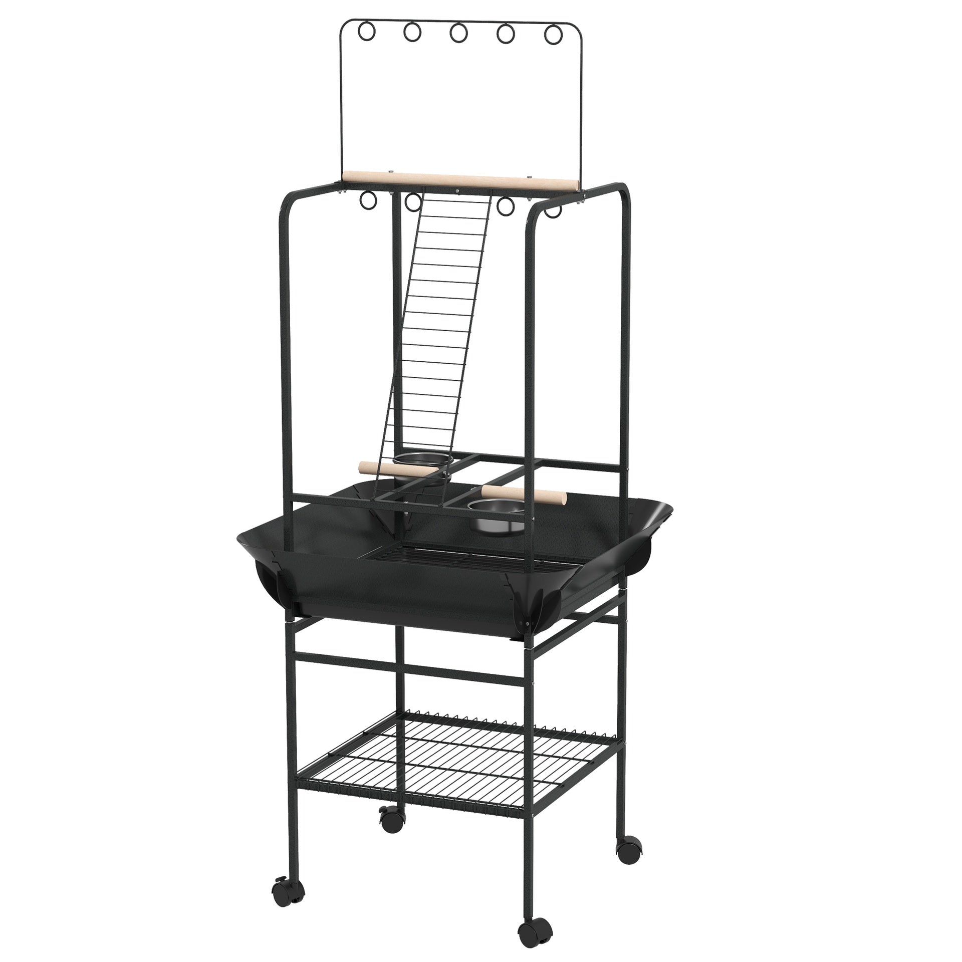 PawHut Bird Stand with Wheels, Perches, Stainless Steel Feed Bowls, Pull-Out Tray for Indoor Outdoor Small Parrot, Dark Gray