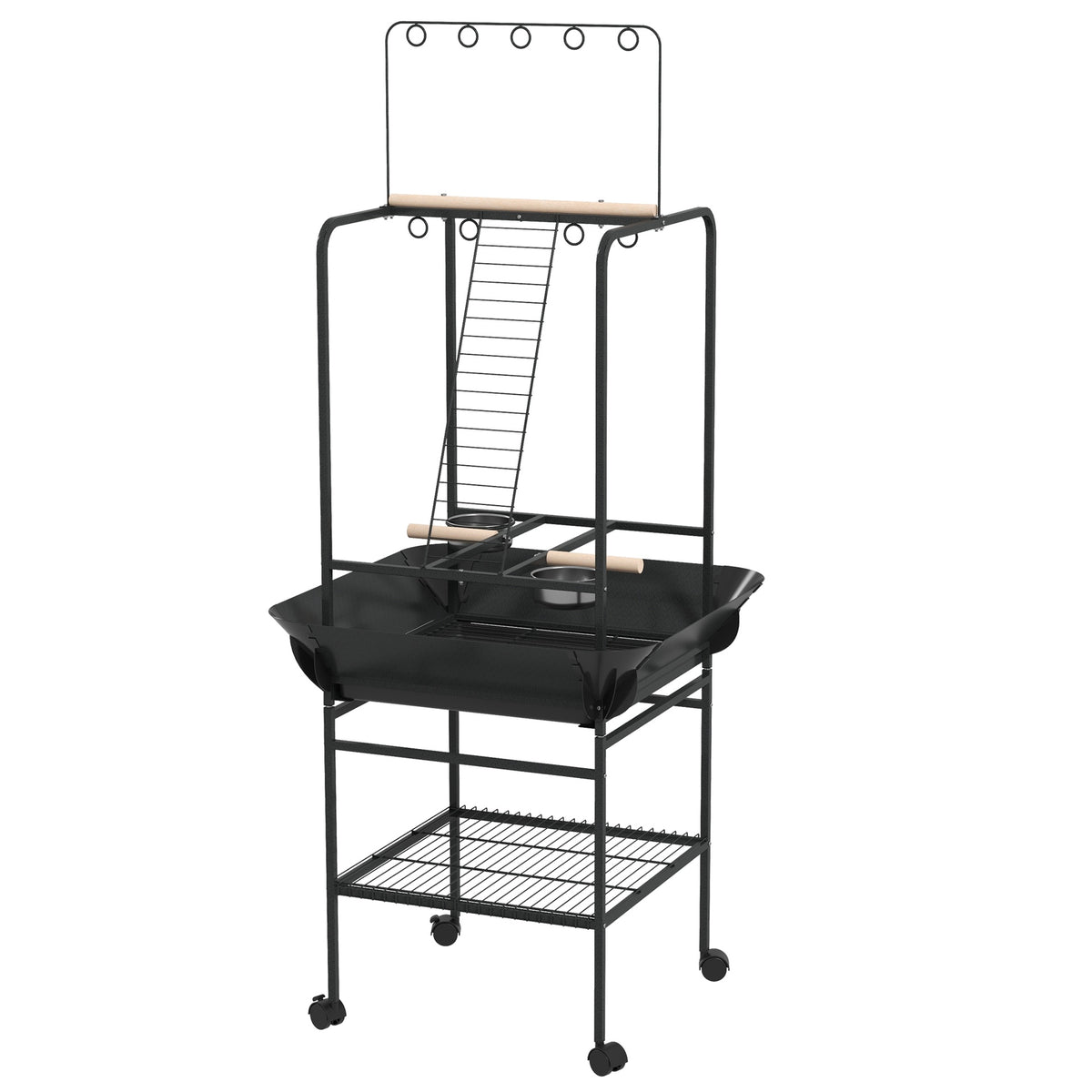 PawHut Bird Stand with Wheels, Perches, Stainless Steel Feed Bowls, Pull-Out Tray for Indoor Outdoor Small Parrot, Dark Gray