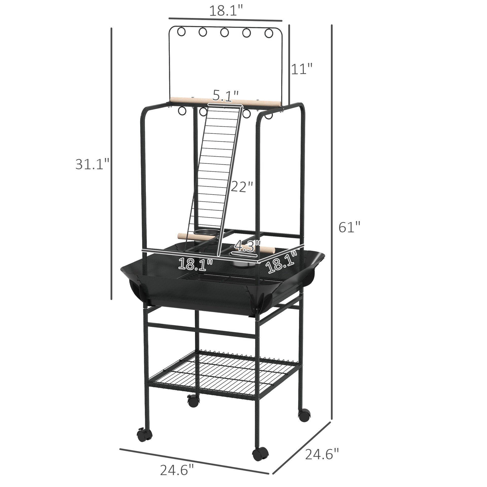 PawHut Bird Stand with Wheels, Perches, Stainless Steel Feed Bowls, Pull-Out Tray for Indoor Outdoor Small Parrot, Dark Gray