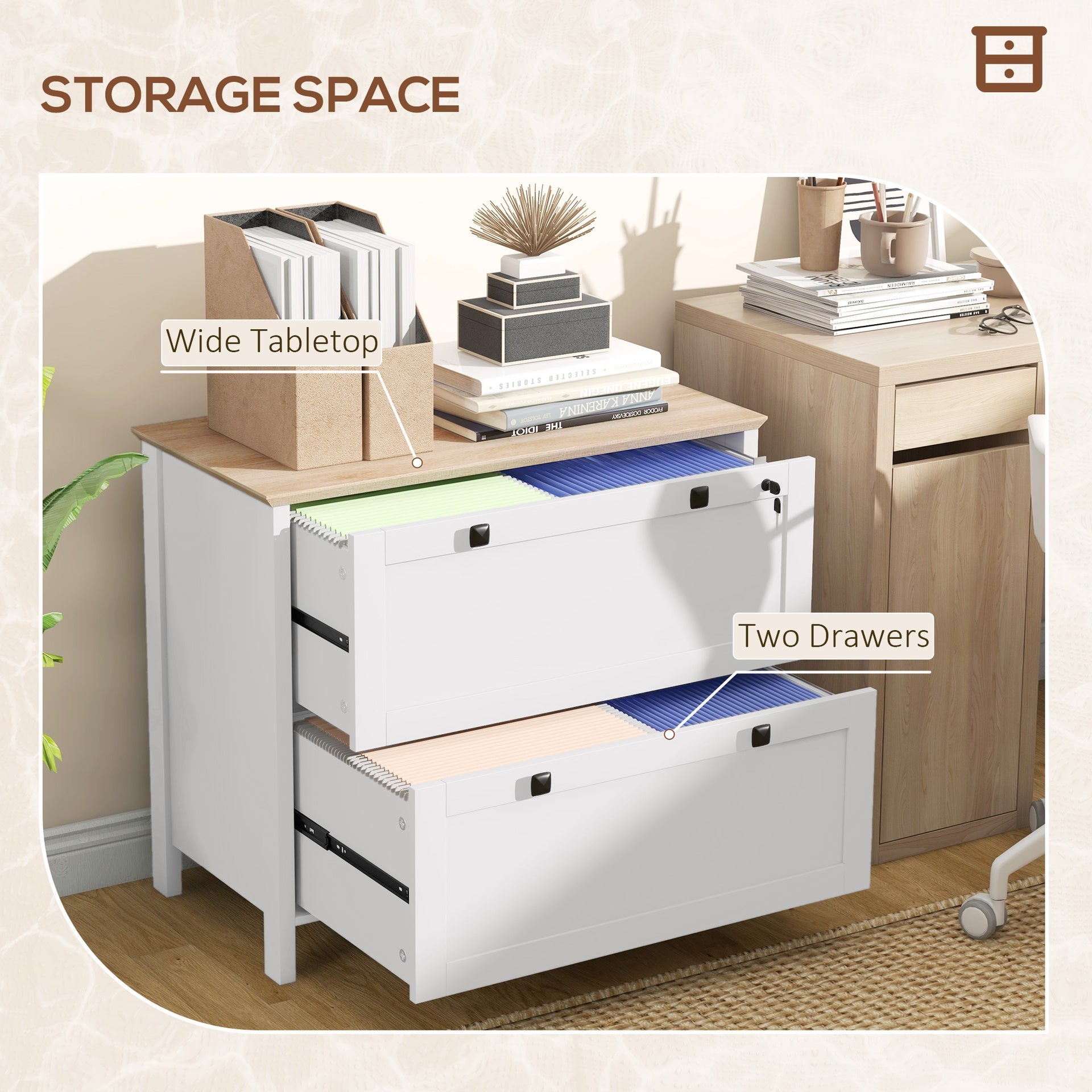 HOMCOM Lateral File Cabinet, 2 Drawer Filing Cabinet with Adjustable Hanging Bar for Letter, A4 and Legal Size, White