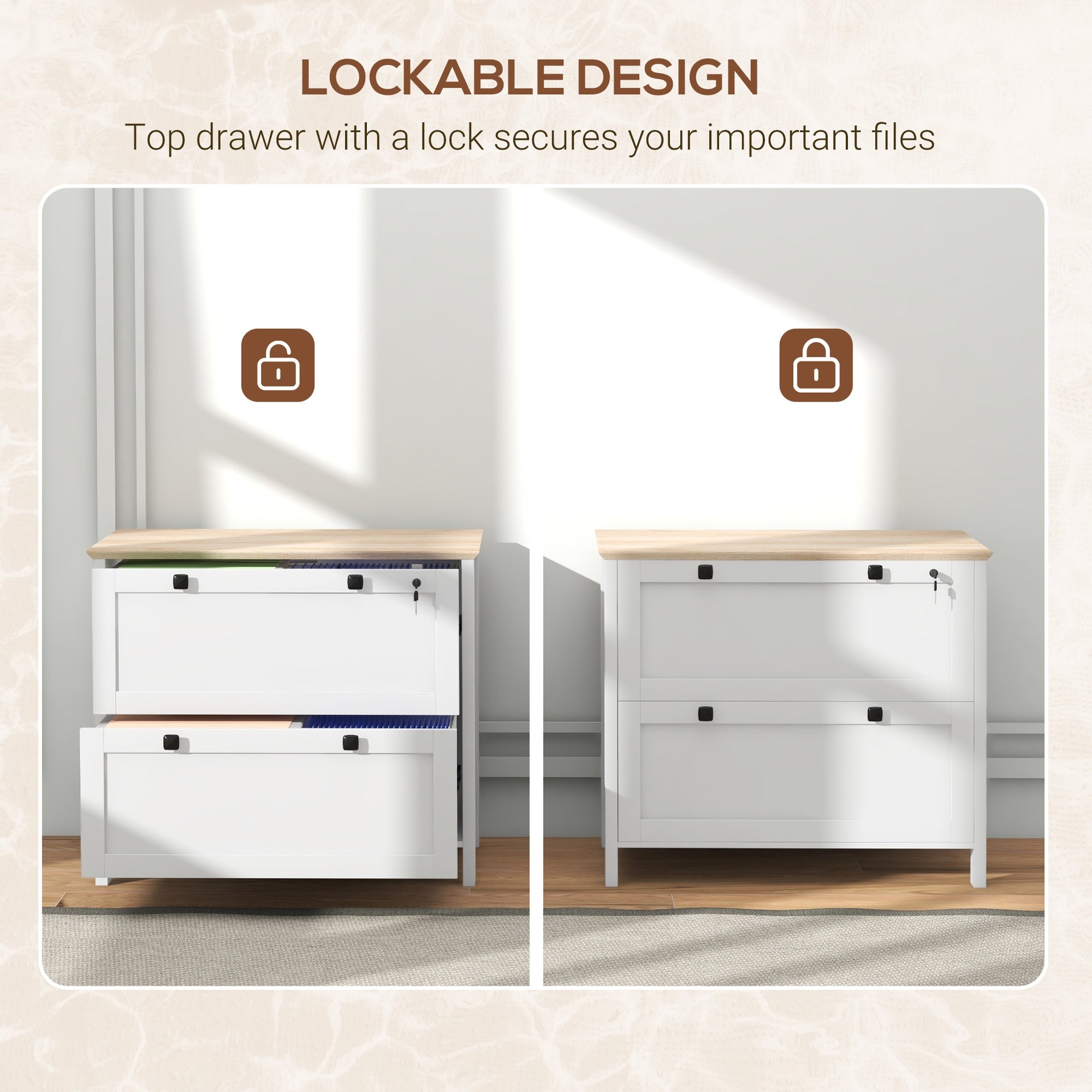 HOMCOM Lateral File Cabinet, 2 Drawer Filing Cabinet with Adjustable Hanging Bar for Letter, A4 and Legal Size, White